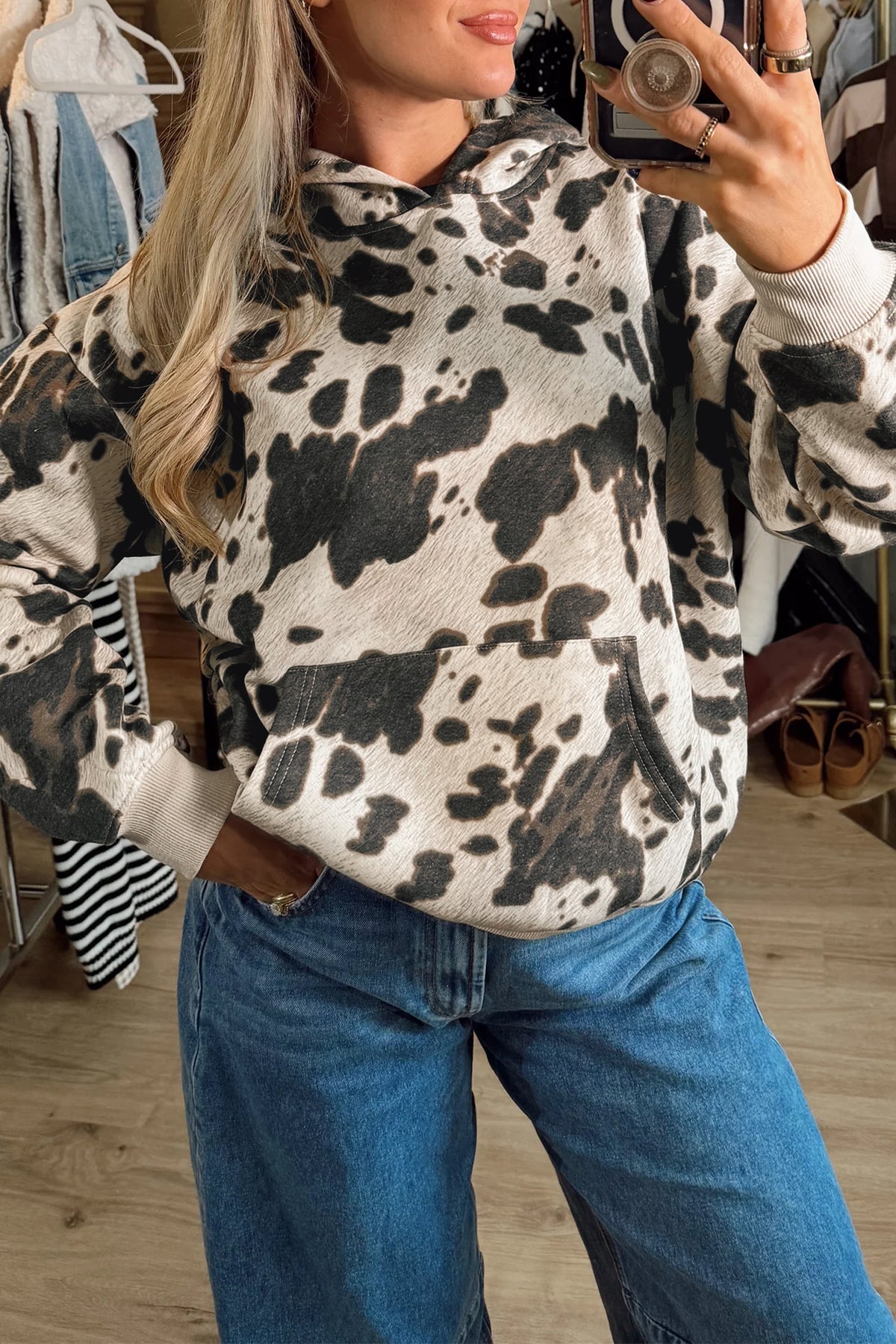 Western Cow Print Pocket Hoodie | S–XL