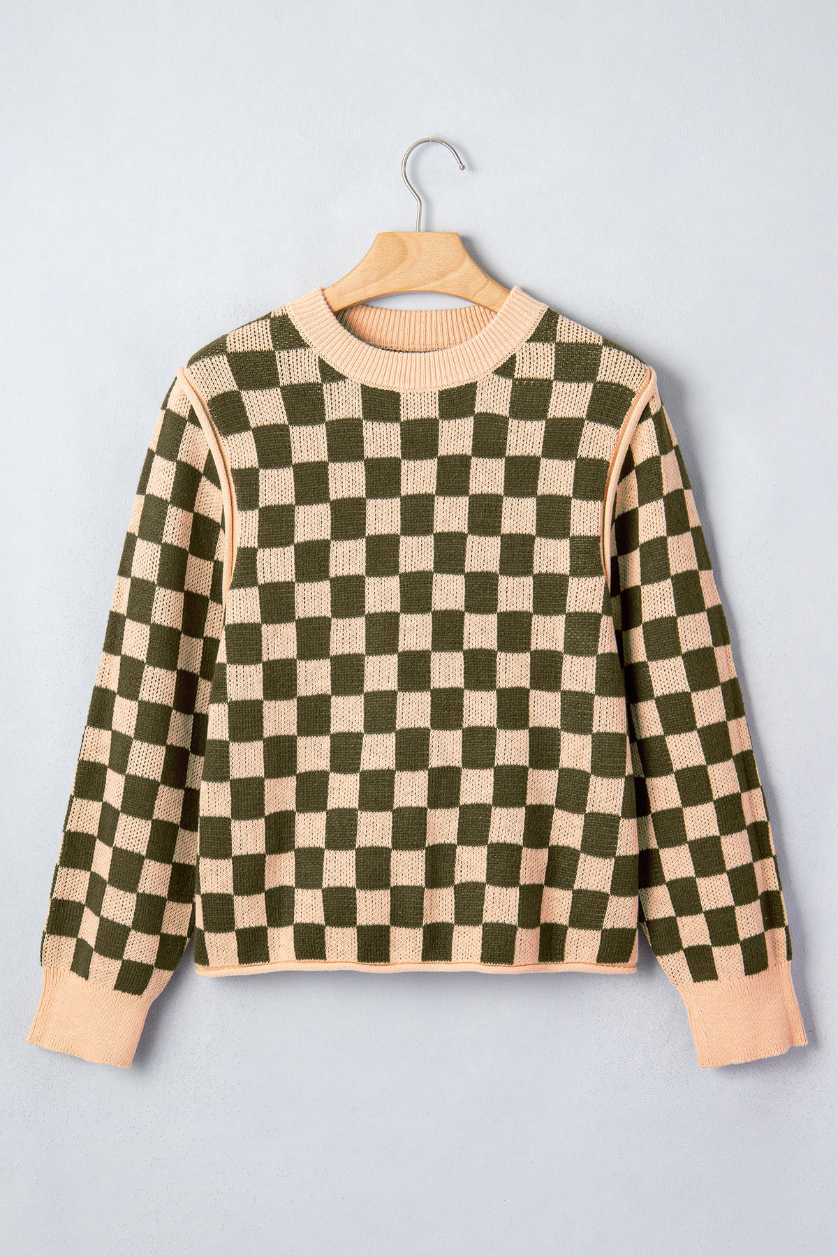 Brown Two Tone Drop-Shoulder Checkered Knit Sweater