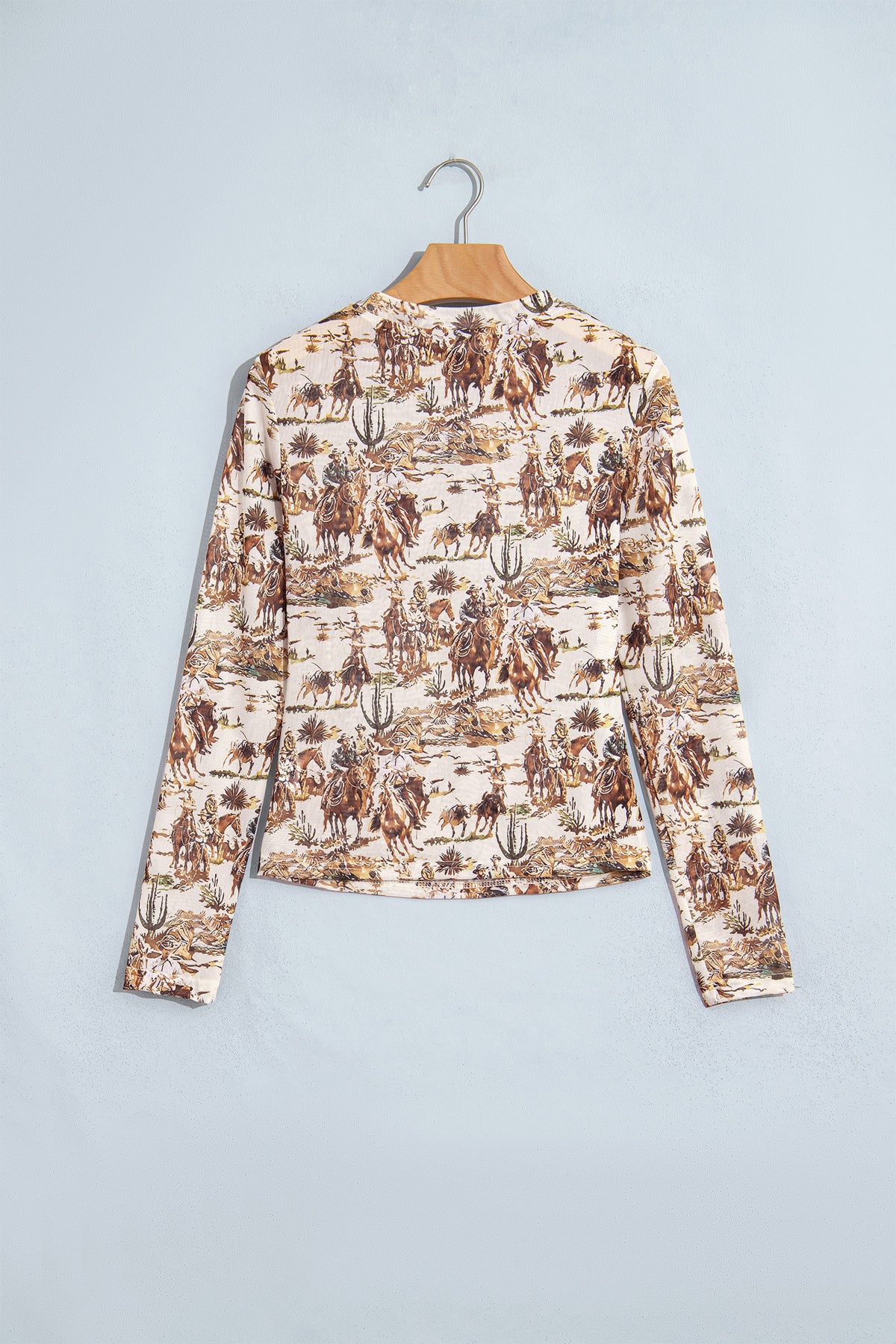 Brown or Beige  Western Cowboy & Floral Sheer Mesh Long Sleeve Top