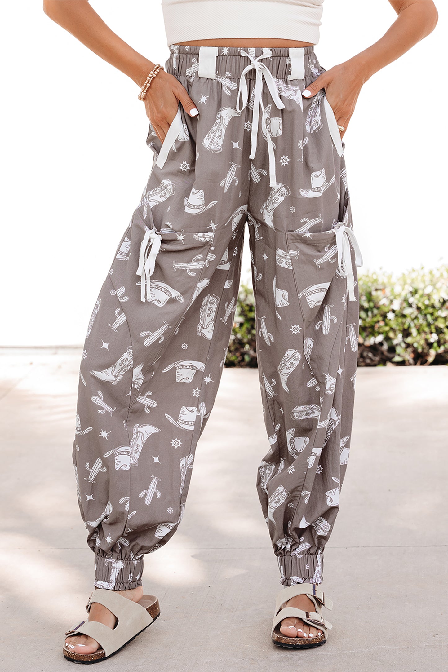 Khaki Western Print Drawstring Jogger Pants