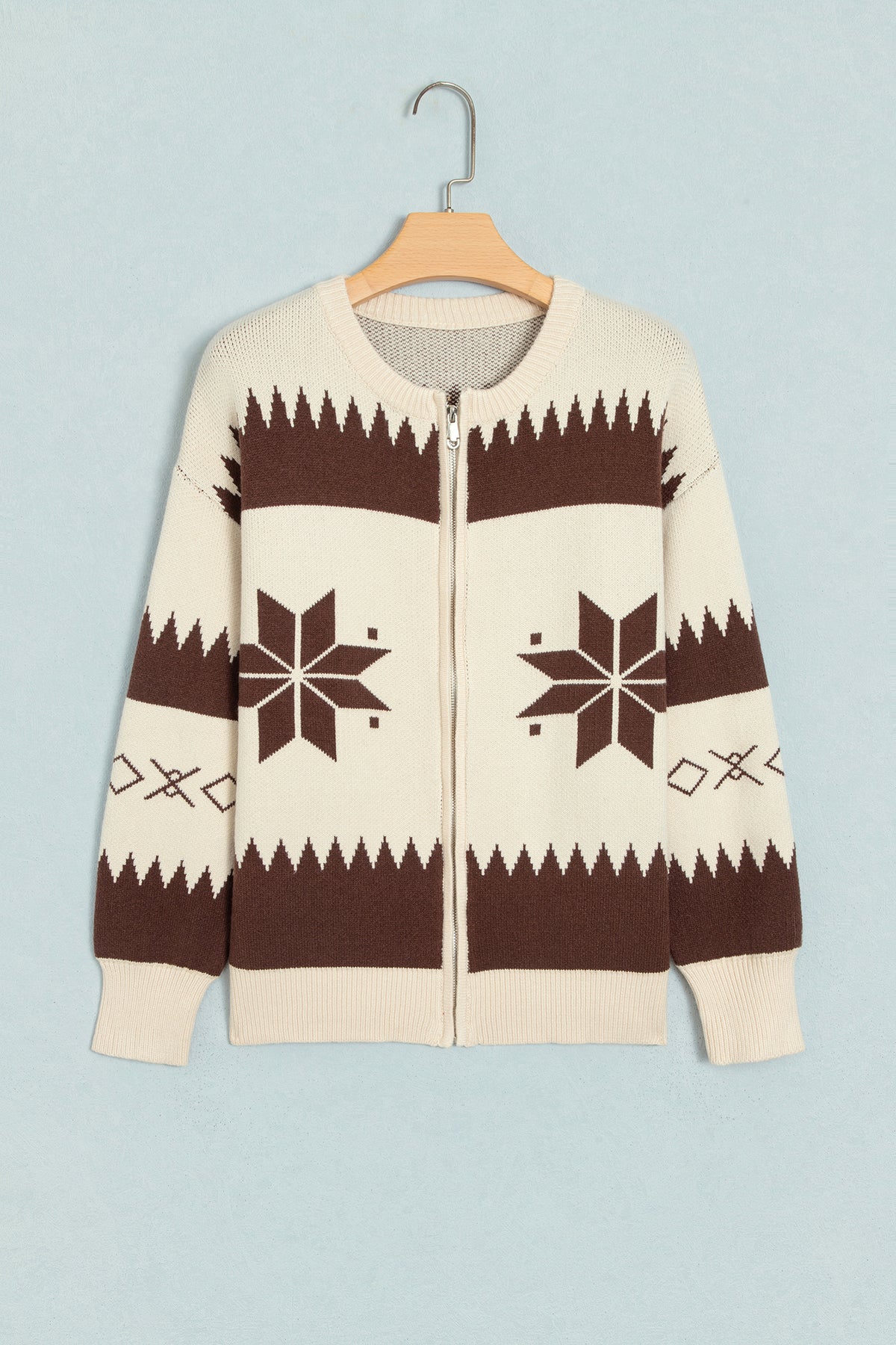 Beige Western Geometric Zip-Front Sweater Cardigan — S–XL