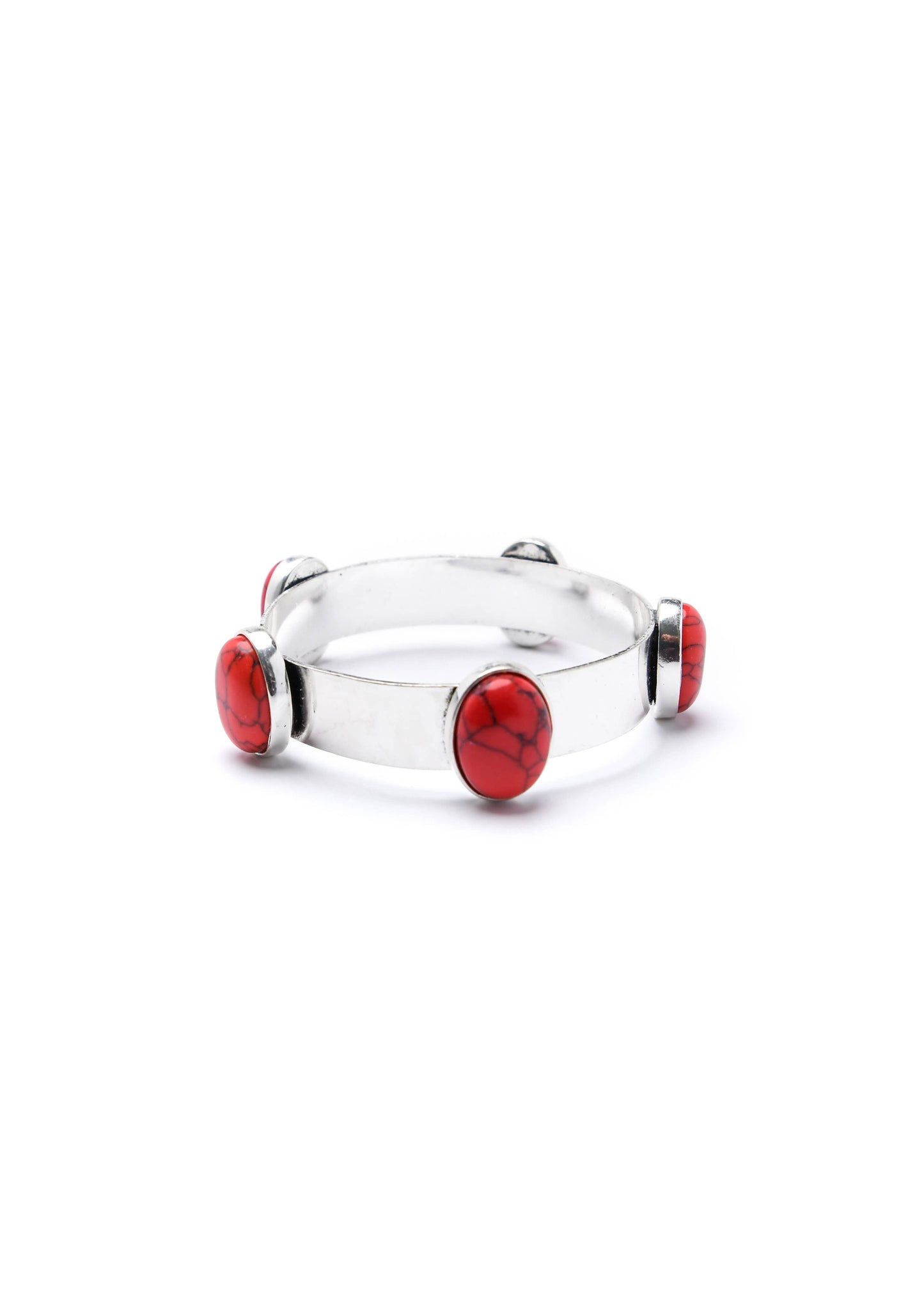 Burnished silver Bangle with 5 Red Oval Stones