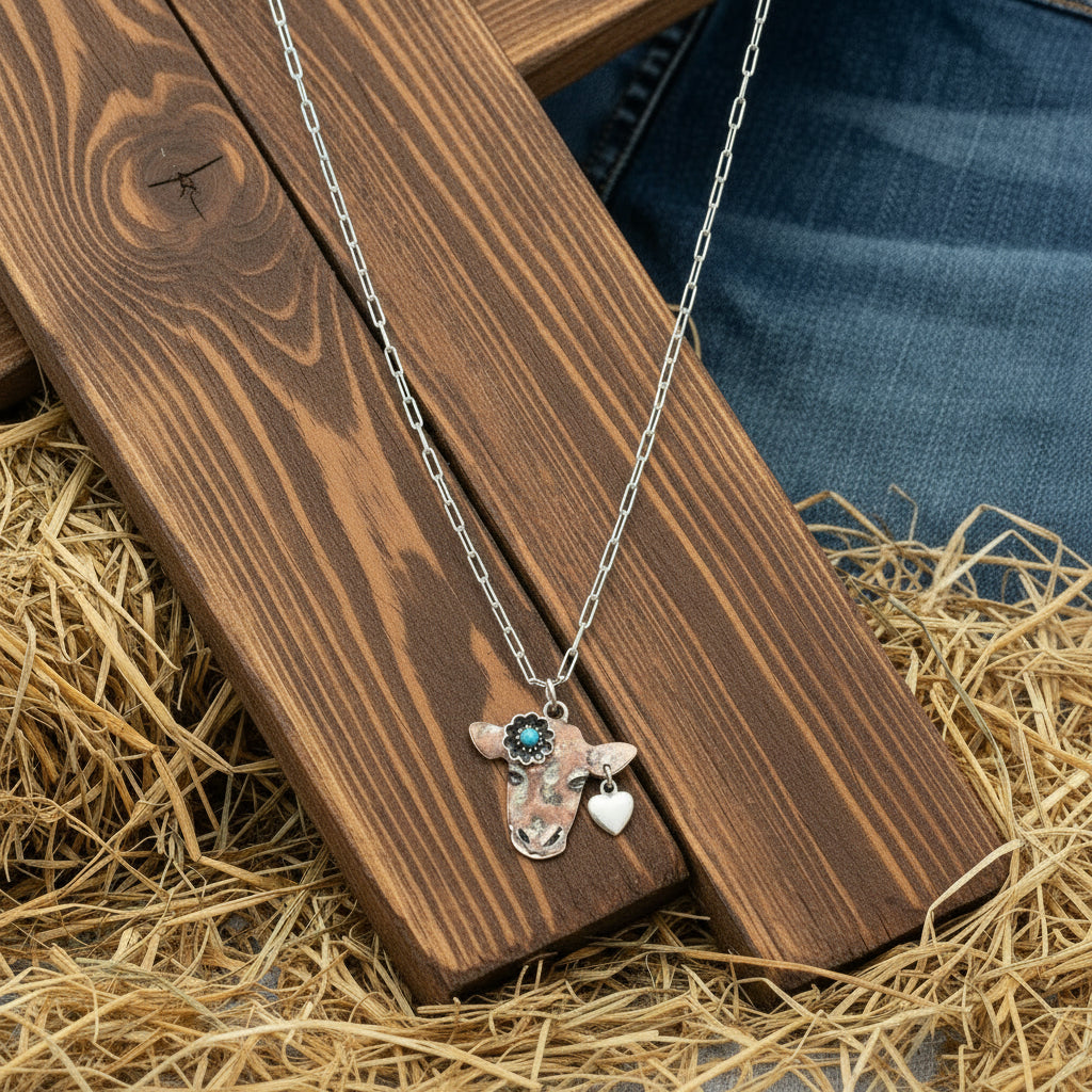 Western Turquoise Flower Cow Head Necklace