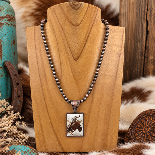 15 Inch Coppertone Cowgirl Pearl Bead Necklace with Triangle Cowboy Pendant