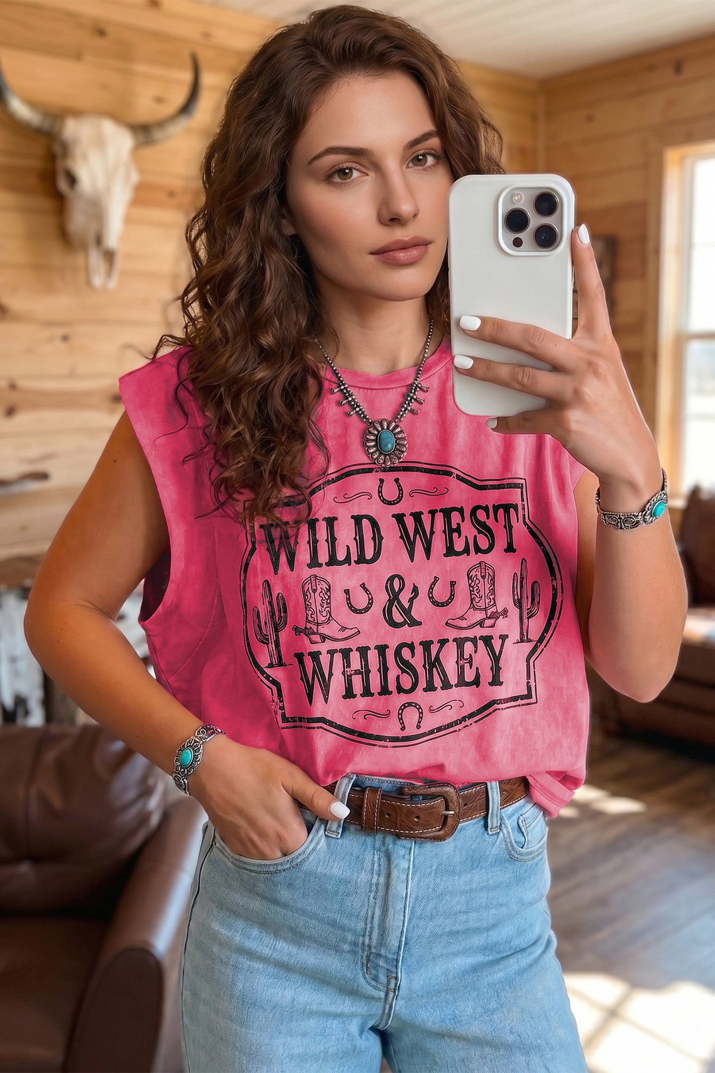 Bonbon Toner Washed Wild West Whiskey Print Sleeveless Muscle Top