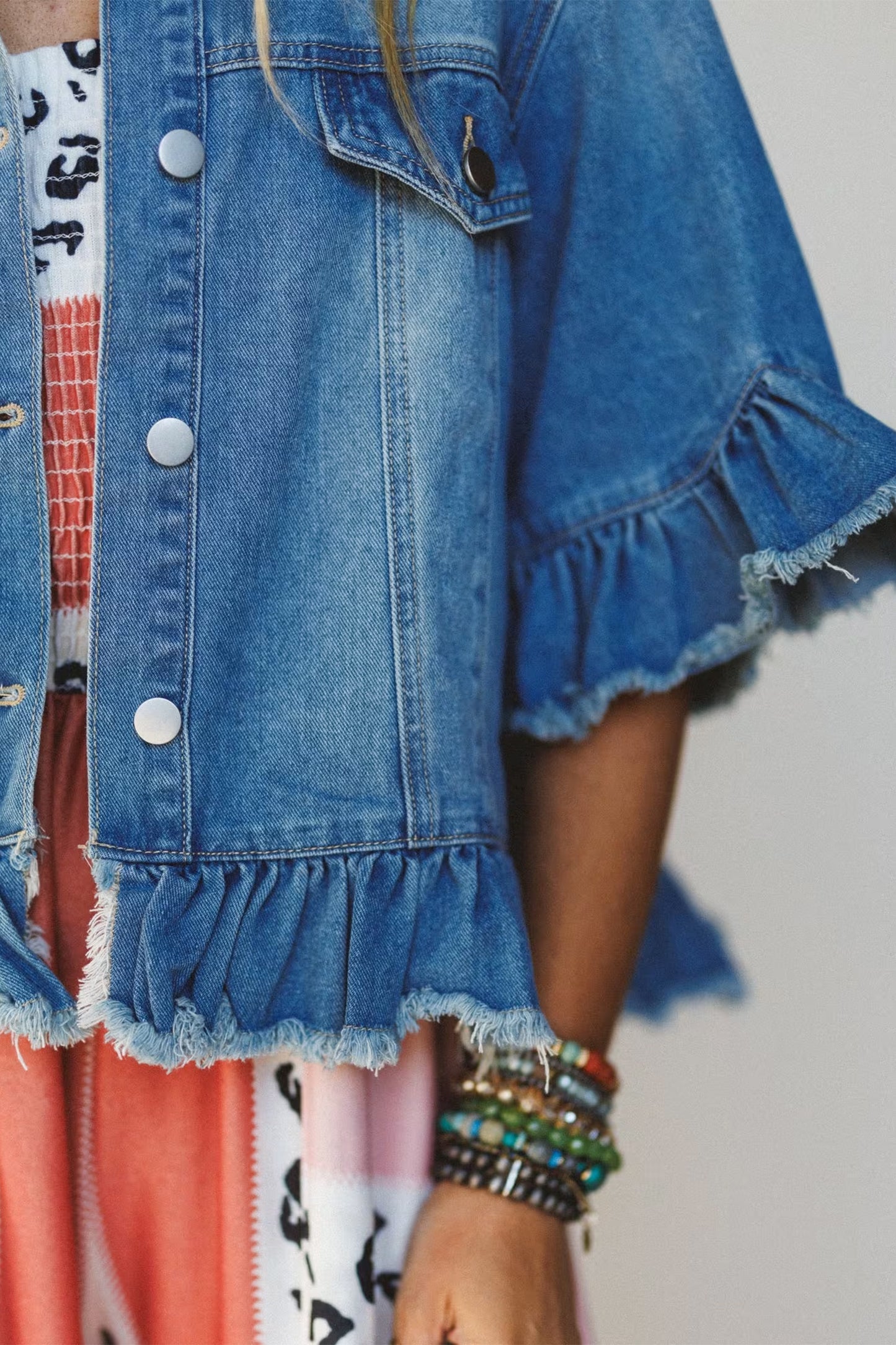 Blue Ruffle Hem Raw Edge Half Sleeve Western Denim Jacket