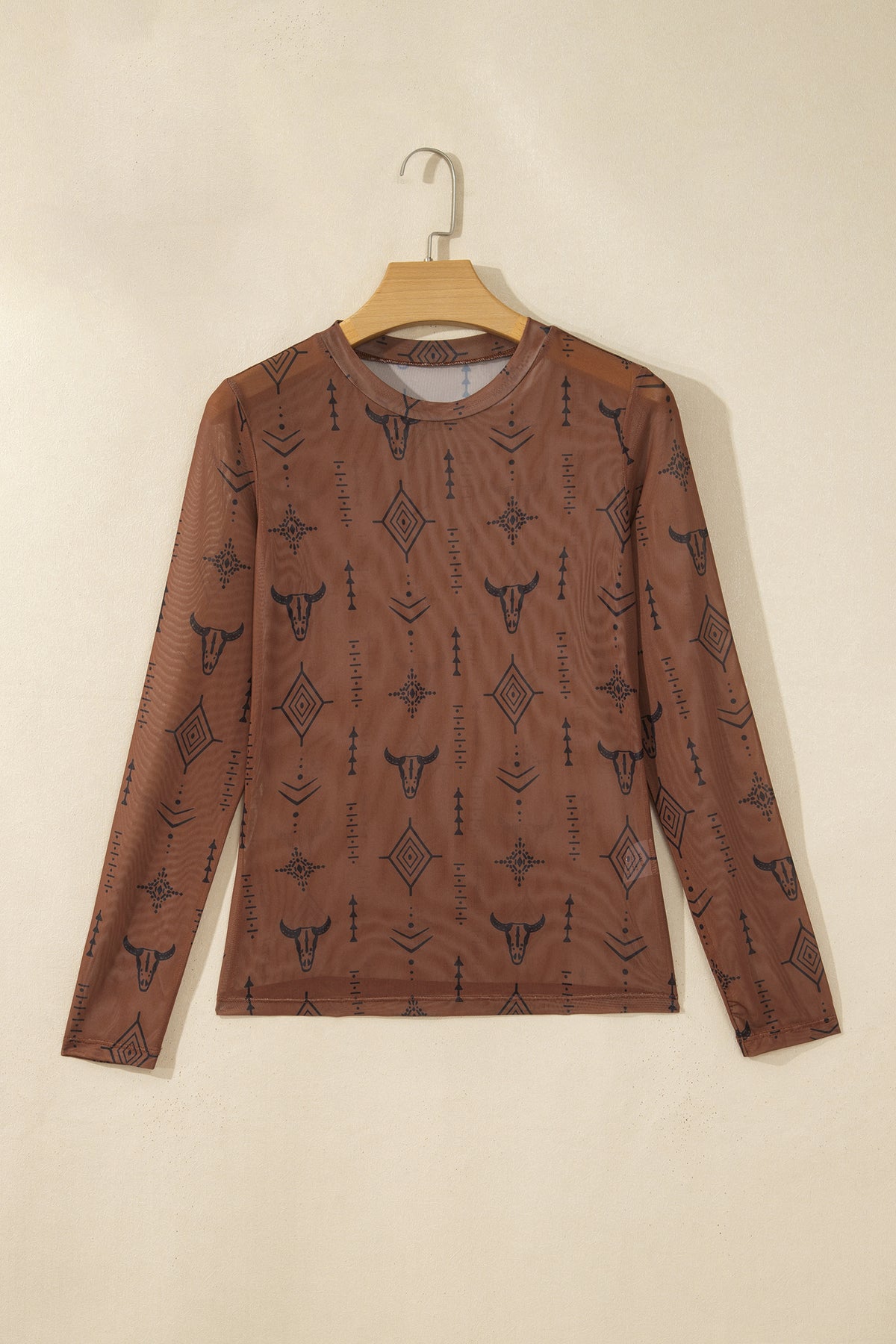 Western Print Sheer Mesh Long Sleeve Top