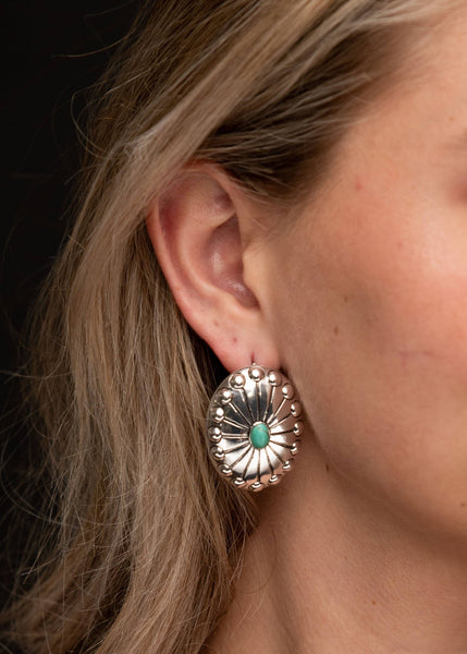 Burnished Silver Studded Concho Earring w/ Turquoise Accent