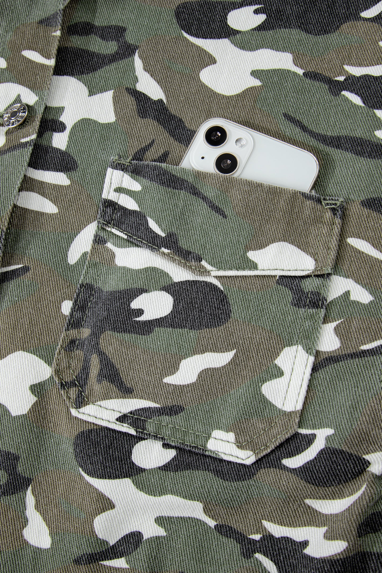 Women’s Green Camo Loose Fit Jean Jacket with Chest Pockets