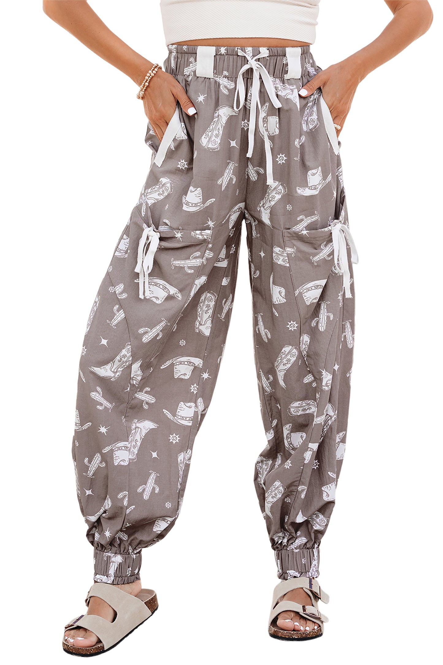 Khaki Western Print Drawstring Jogger Pants