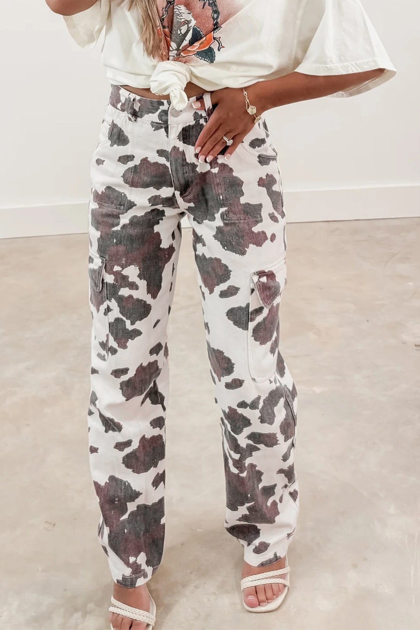 Brown Cow Print Multi Pocket Jeans