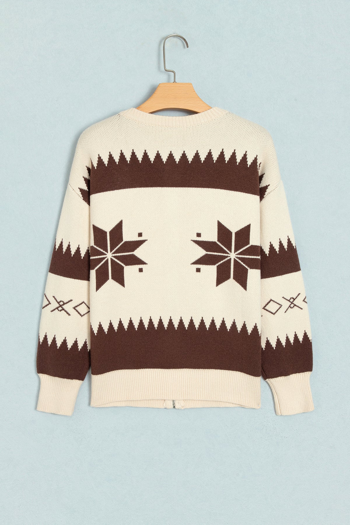 Beige Western Geometric Zip-Front Sweater Cardigan — S–XL