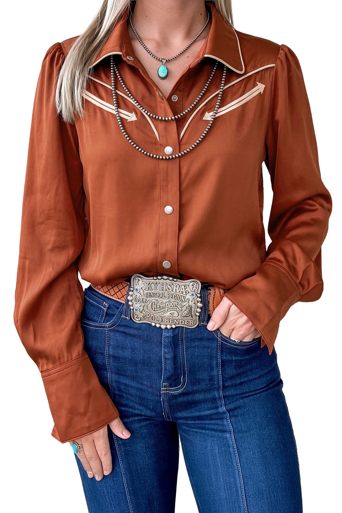 Cinnamon Silky Western Yoke Button-Front Shirt