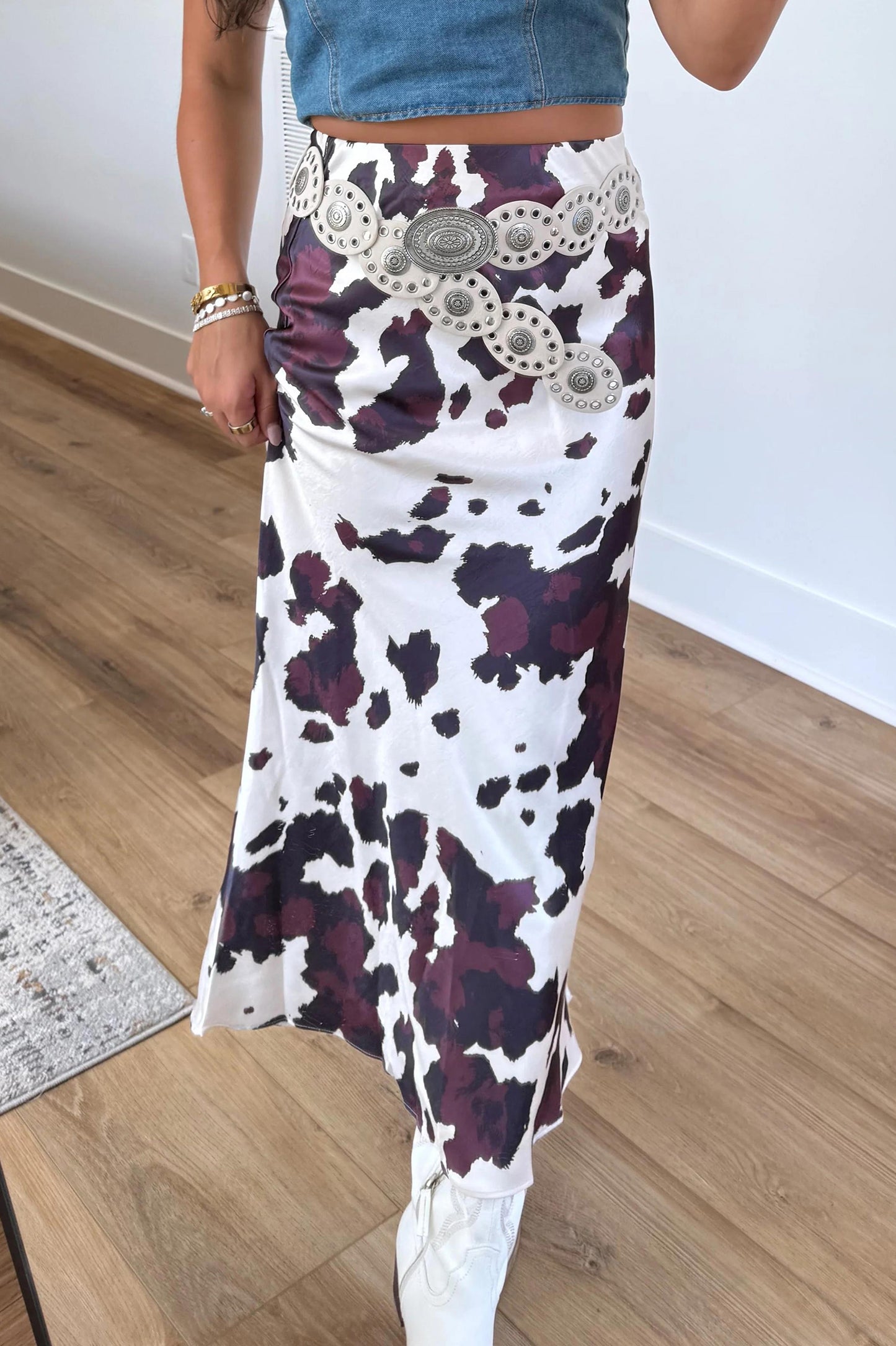 Cow Print Zip-Up Midi Skirt