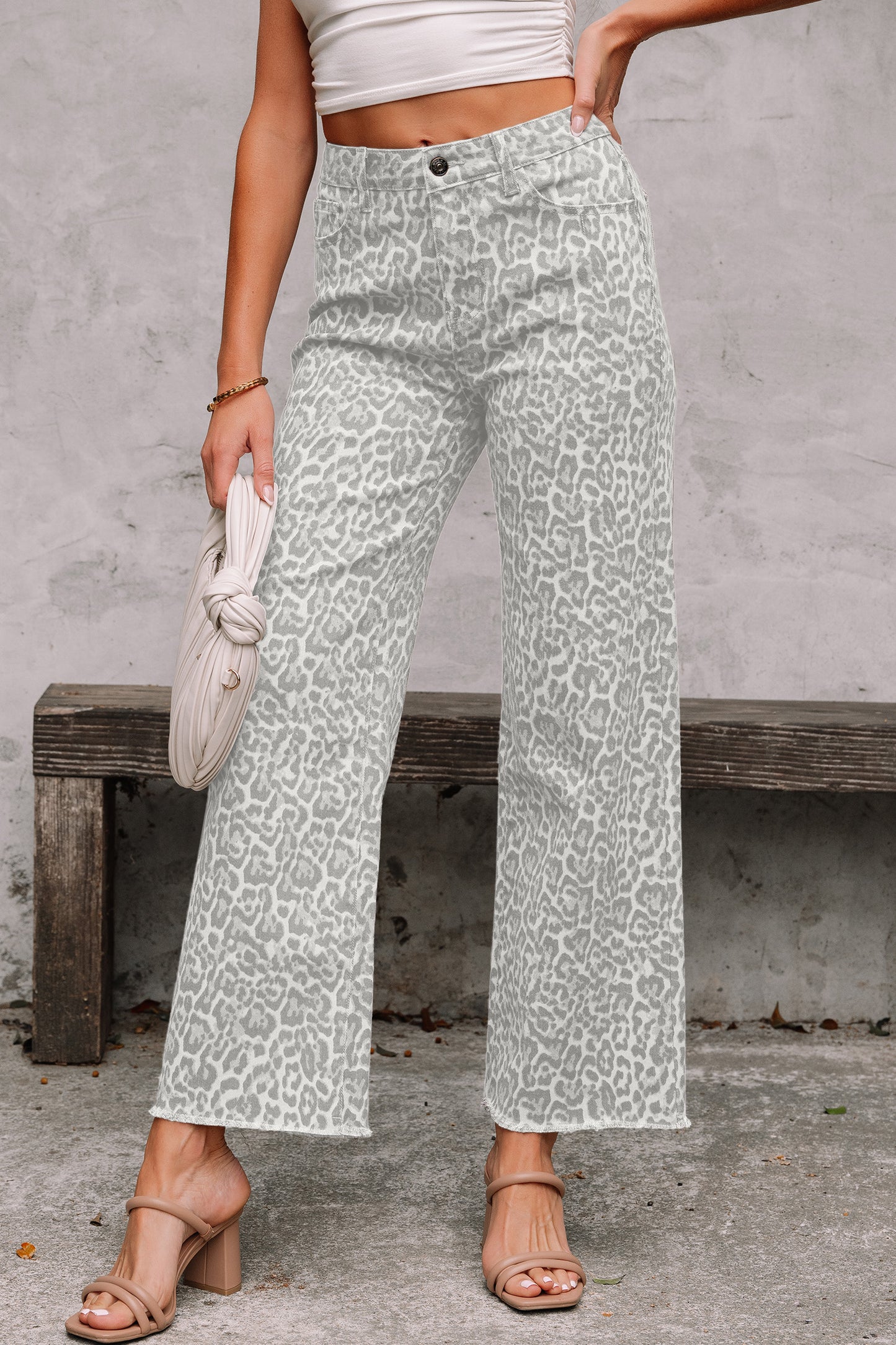 Leopard Frayed Wide Leg Jeans Multiple Colors