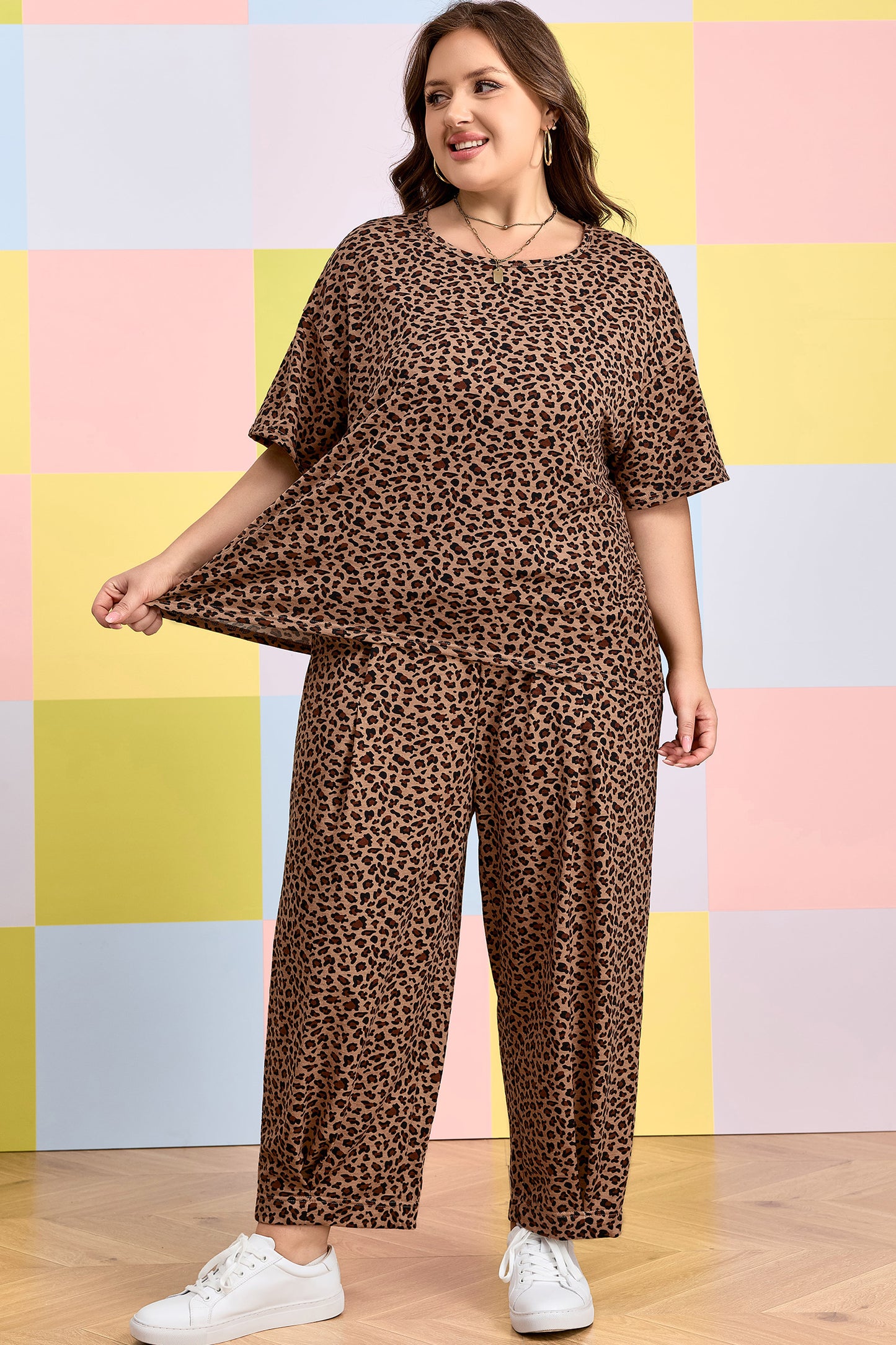 Brown Leopard Plus Size Top & Pleated Pants Set