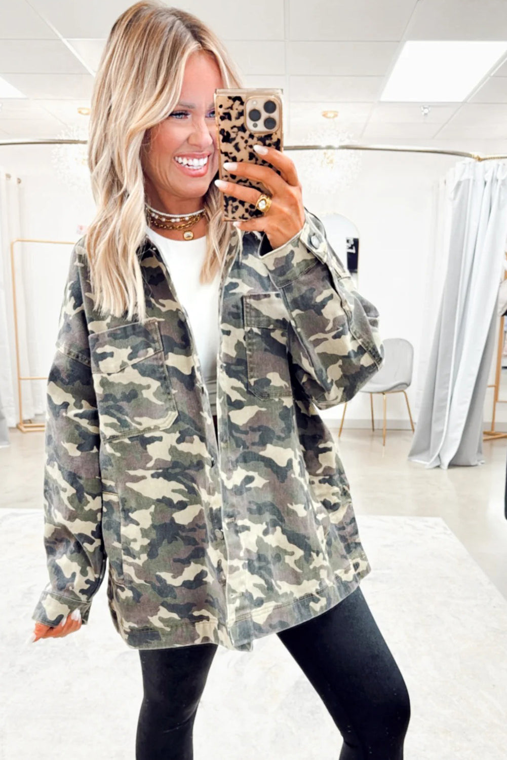 Women’s Green Camo Loose Fit Jean Jacket with Chest Pockets