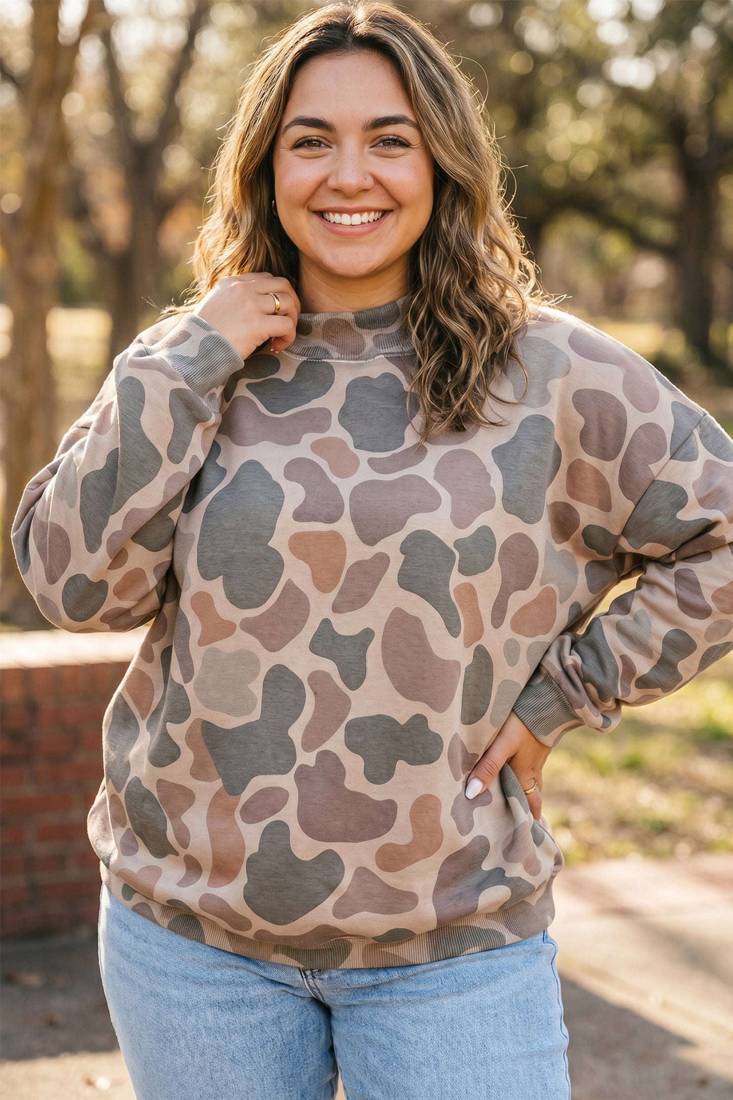 Multicolor Camo Print Oversized Mock Neck Sweatshirt 1X–4X