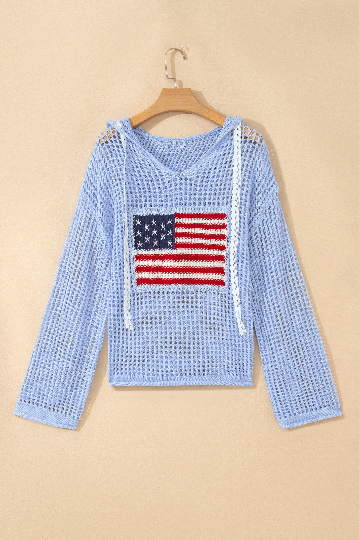 White Hollow Out Crochet Knit American Flag Patched Sweater Hoodie