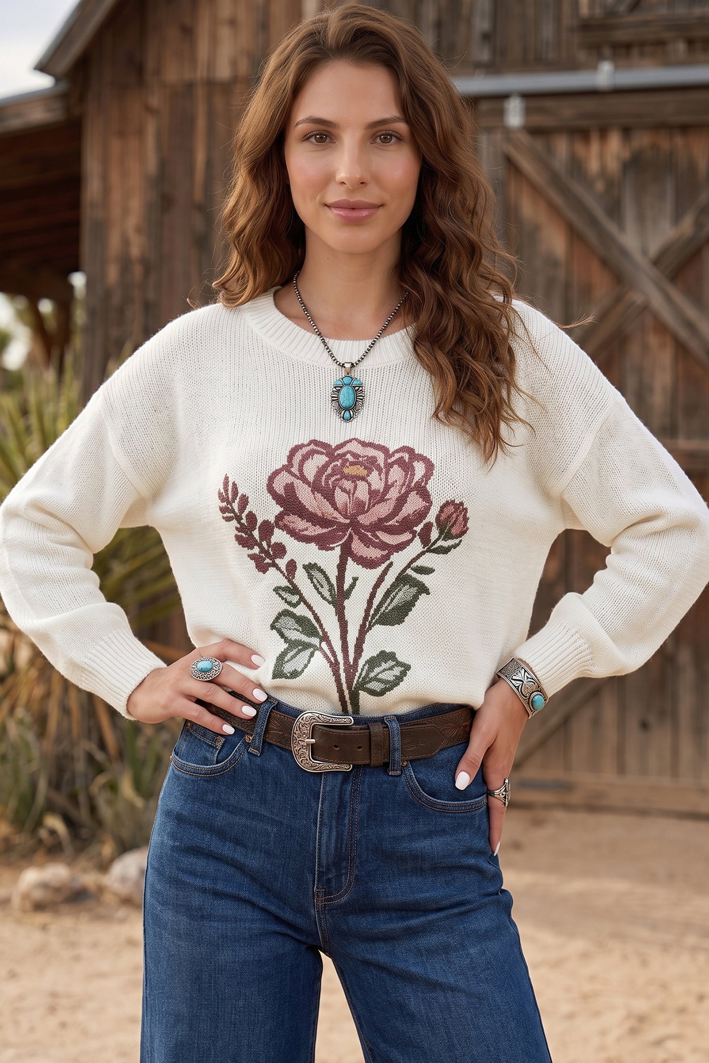 White Western Floral Dropped Shoulder Lightweight Knit Sweater