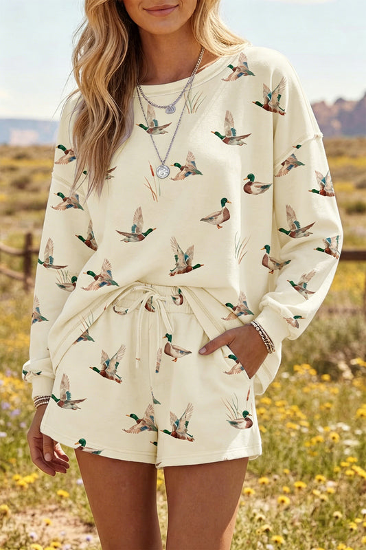 Mallard Print Long Sleeve Top & Drawstring Shorts Set