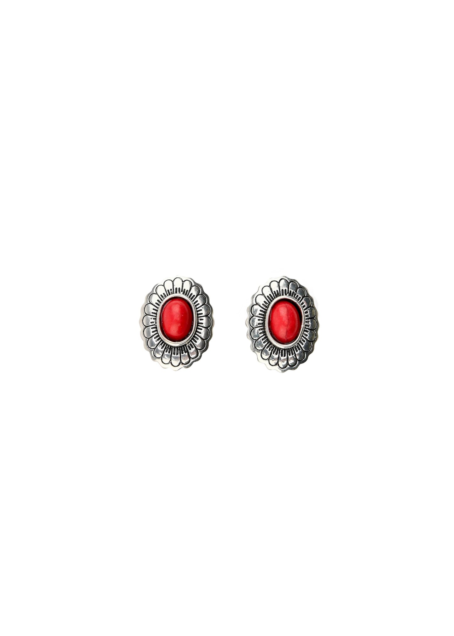 Small Burnished Silver & Red Flower Concho Post Earring