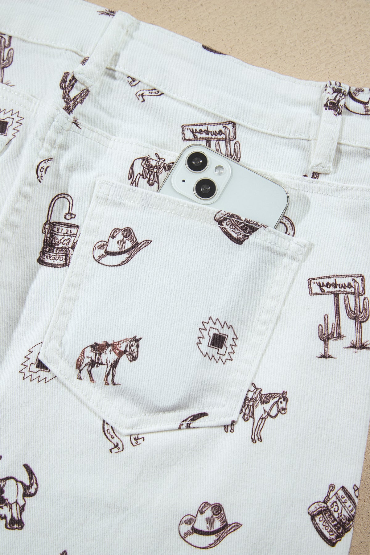 White Western Cactus, Horse & Bull Denim Skirt
