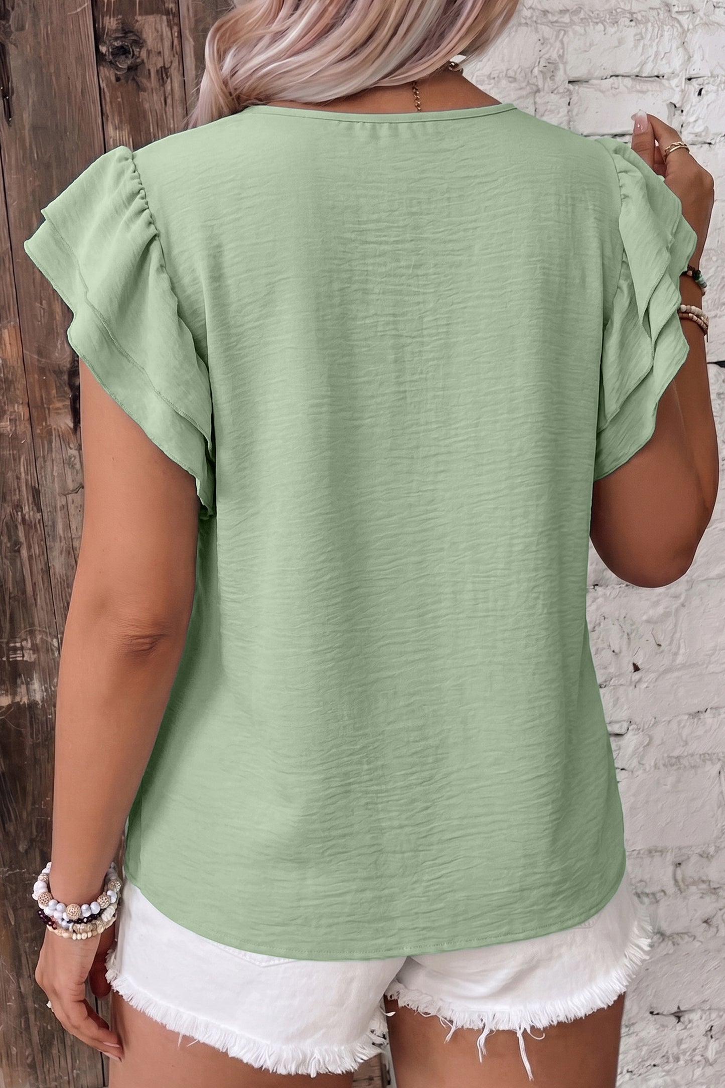 Clearly Aqua Ruffle Sleeve Relaxed Crew Neck Top 1X–4X