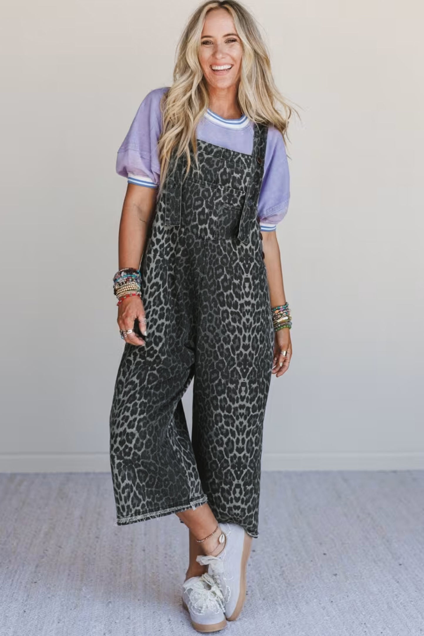 Leopard Print Cropped Denim Overalls