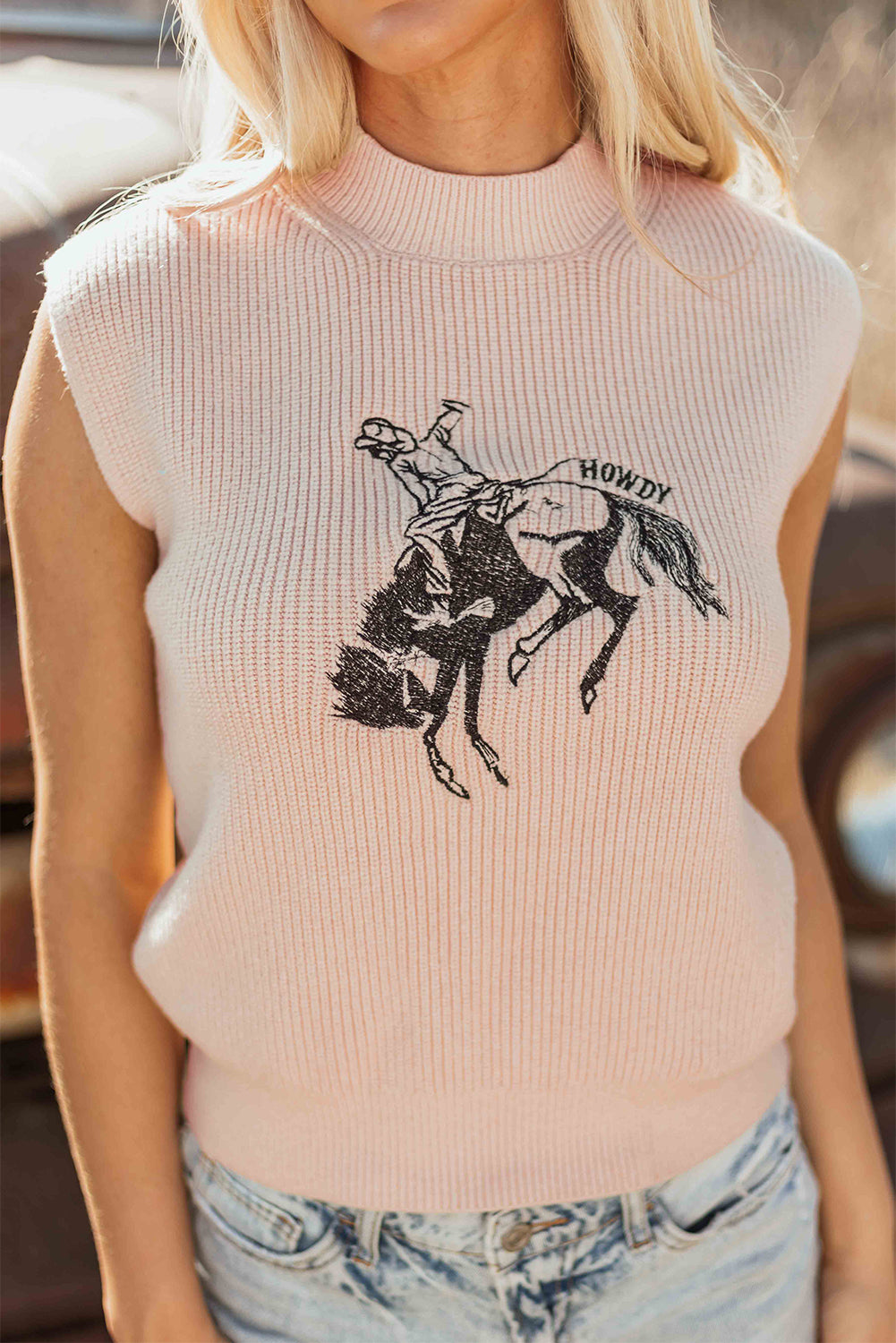 Oatmeal HOWDY Rodeo Cowboy High Neck Short Sleeve Sweater 🤍🐎