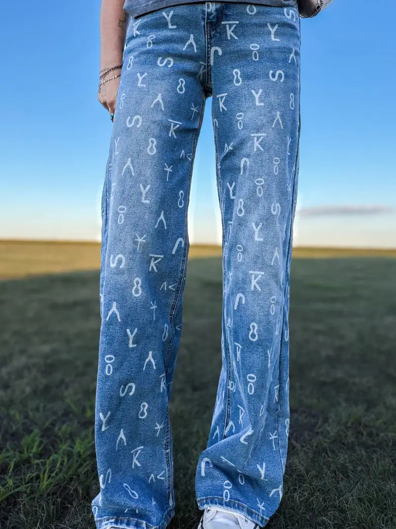 PRE ORDER Sterling Kreek Ranch House High-Rise Wide-Leg Brand Print Jeans — Sizes 1/2–19/20