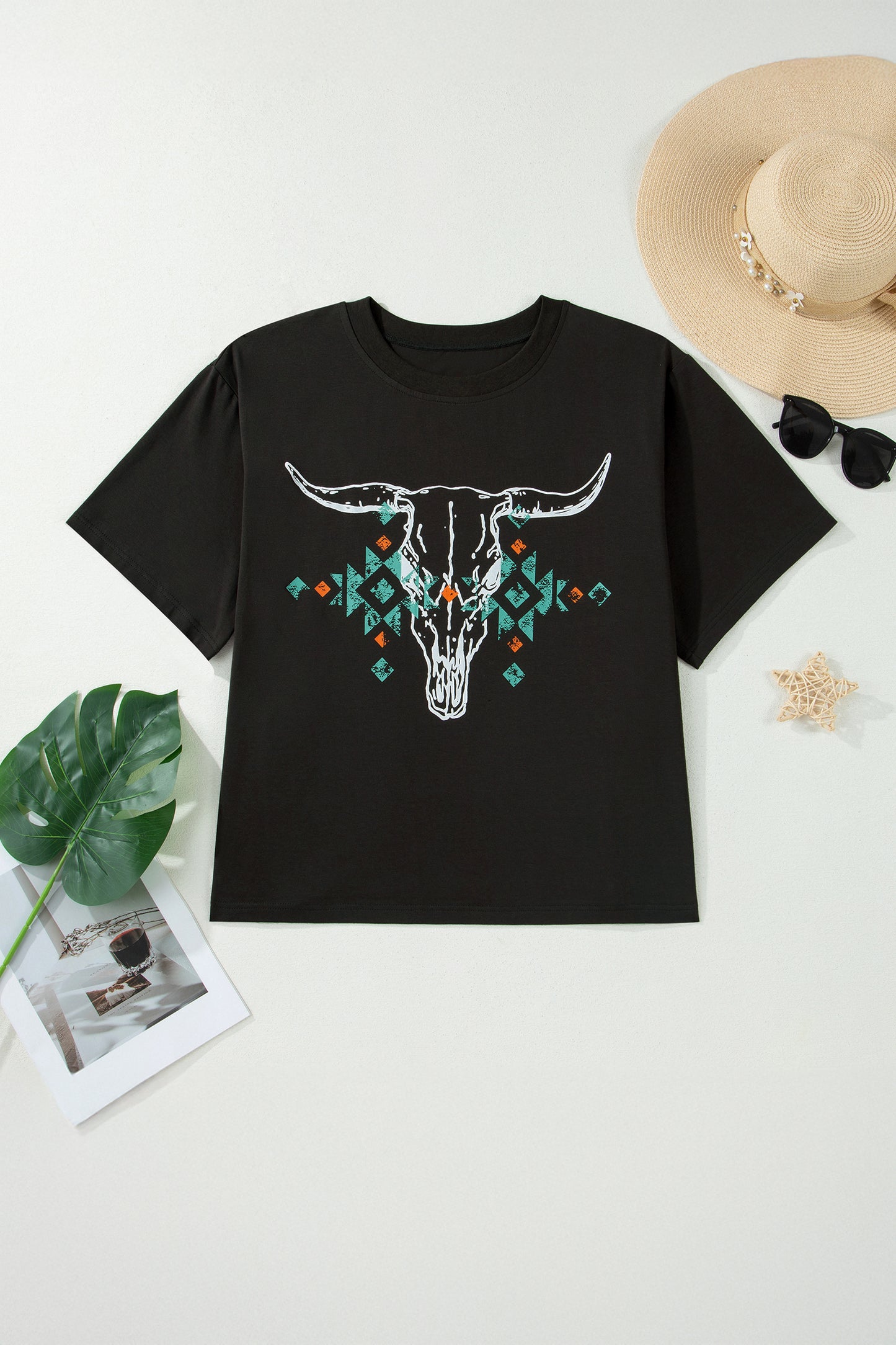 Carbon Gray Western Aztec Bull Skull Graphic T-Shirt 1X–4X