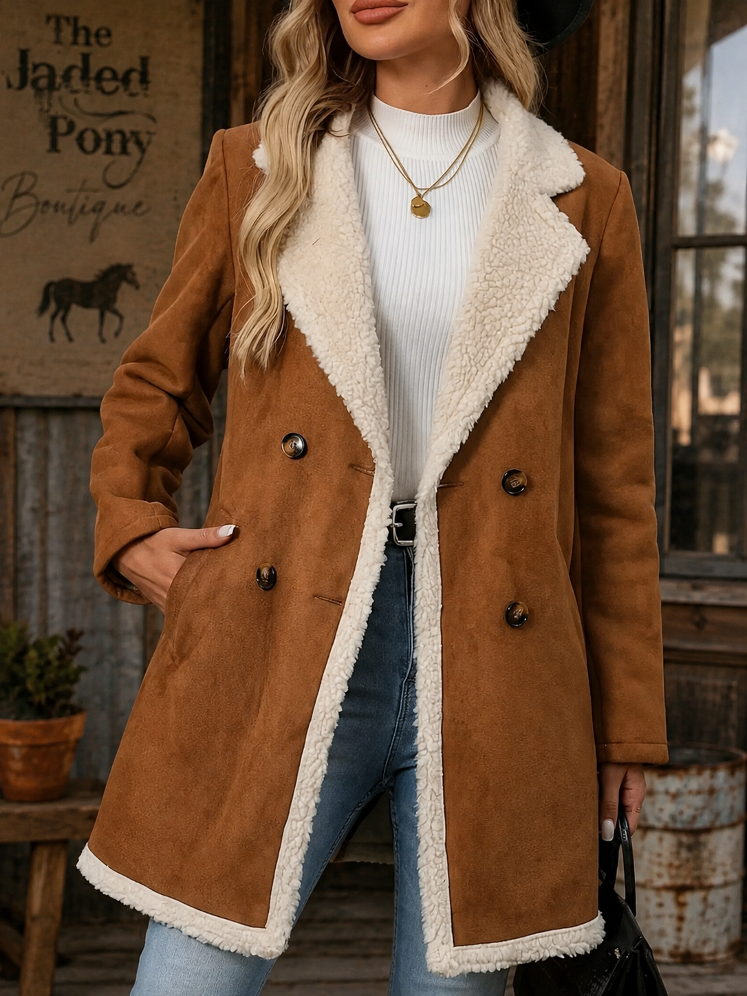 Double-Breasted Suede & Sherpa Coat