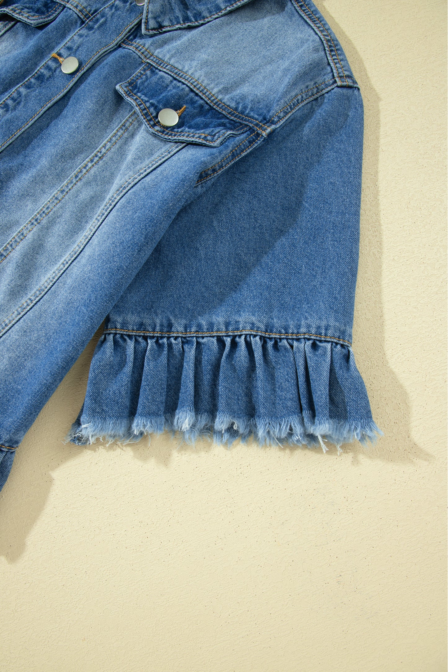 Blue Ruffle Sleeve Raw Edge Western Denim Jacket