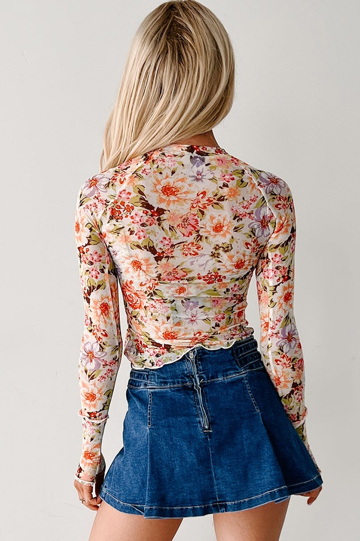 Multicolor Floral Mesh Thumbhole Long Sleeve Mesh Top