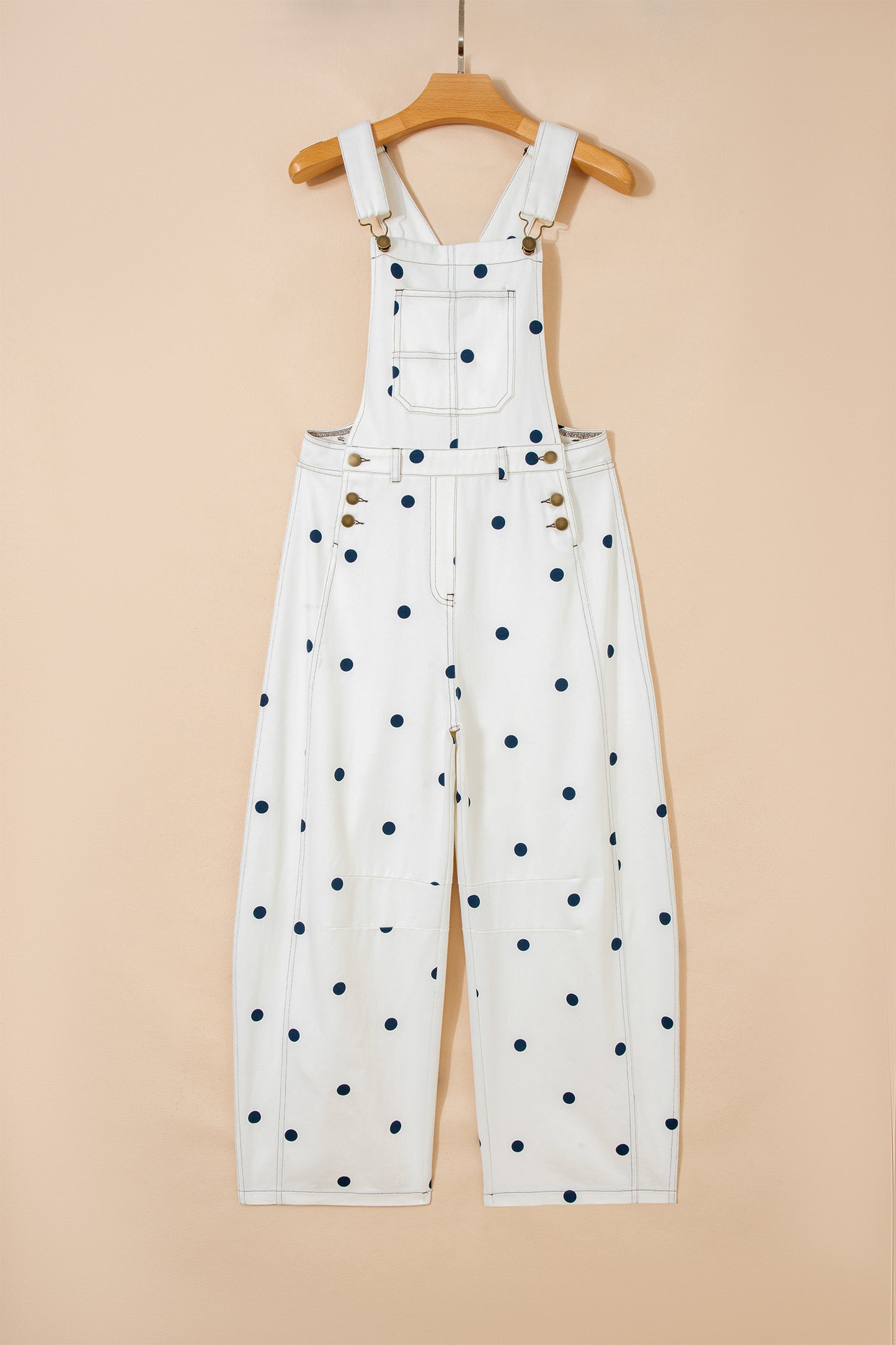 Jet Stream Polka Dot Print Bib Pocket Denim Barrel Overalls Jumpsuit