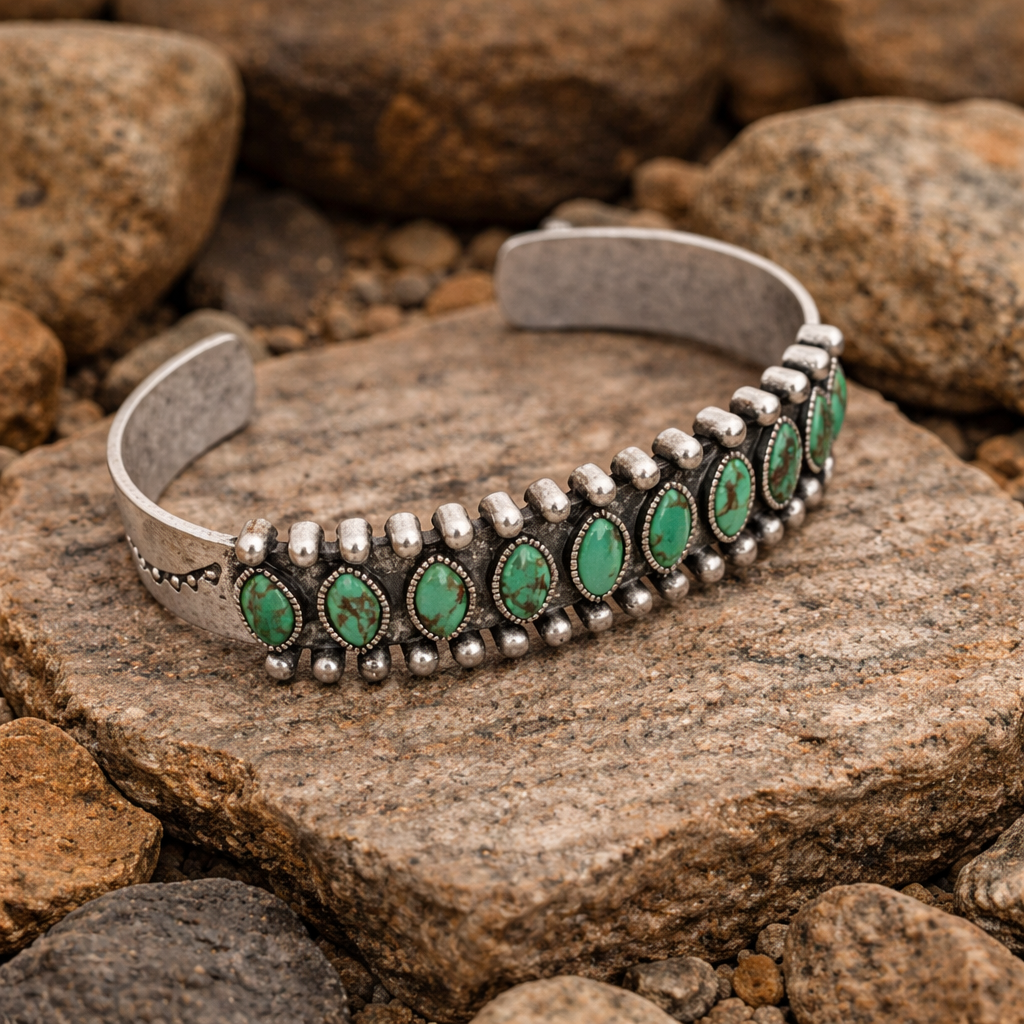 Silver Metal Green Turquoise Stone Bangle