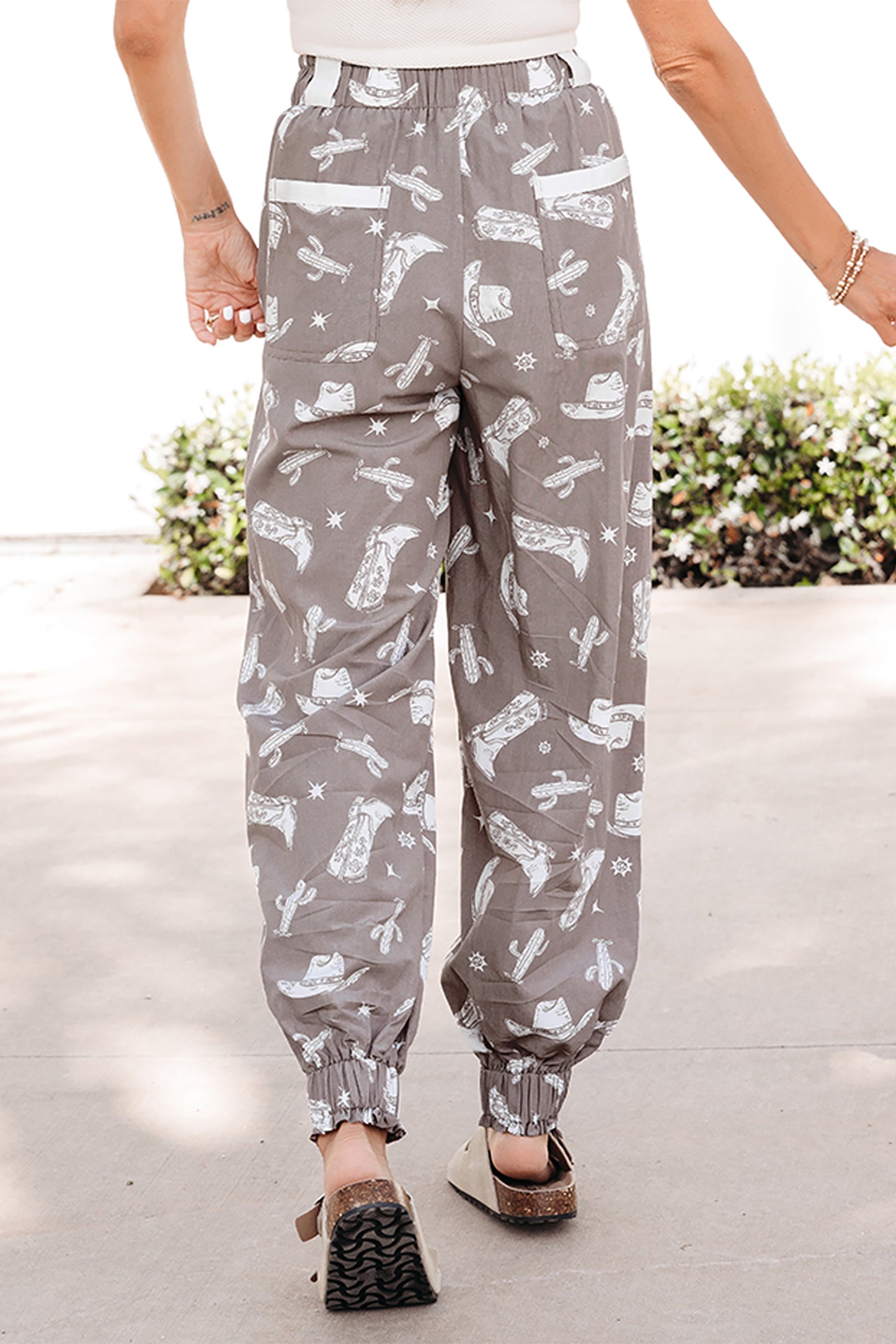 Khaki Western Print Drawstring Jogger Pants