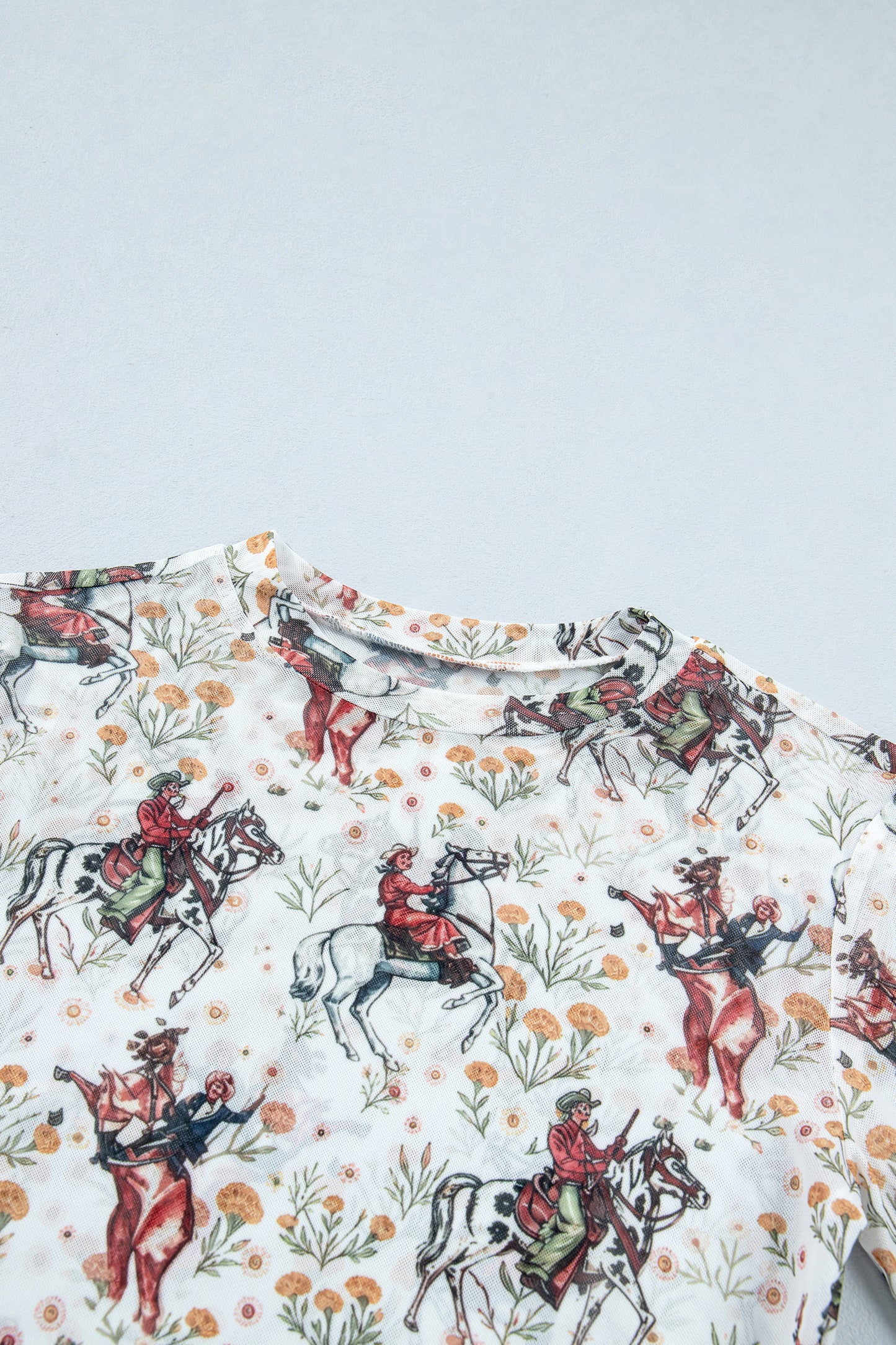 Brown or Beige  Western Cowboy & Floral Sheer Mesh Long Sleeve Top