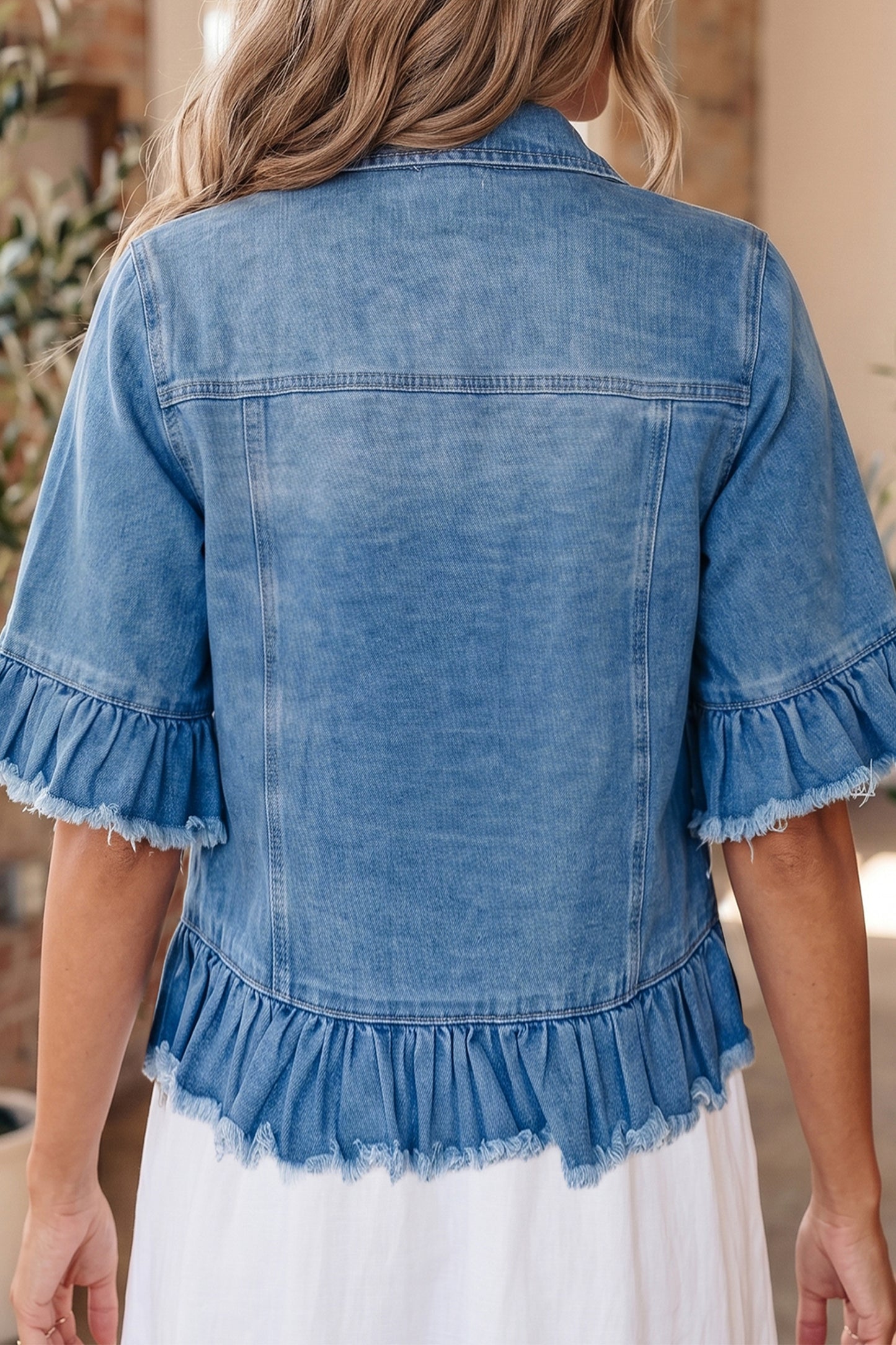 Blue Ruffle Hem Raw Edge Half Sleeve Western Denim Jacket