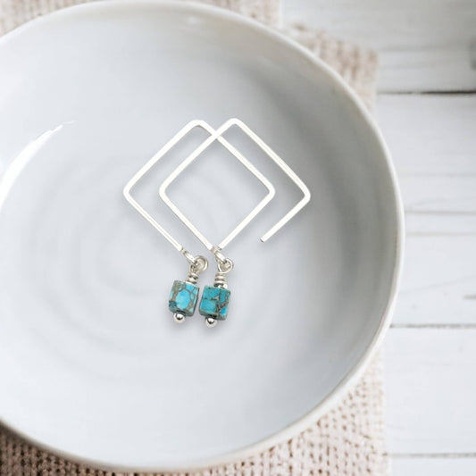 Sterling Silver Square Threader Earrings with Turquoise
