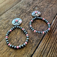 Silver Navajo Inspired Peal and Pink Bead Concho Hoop Earrings