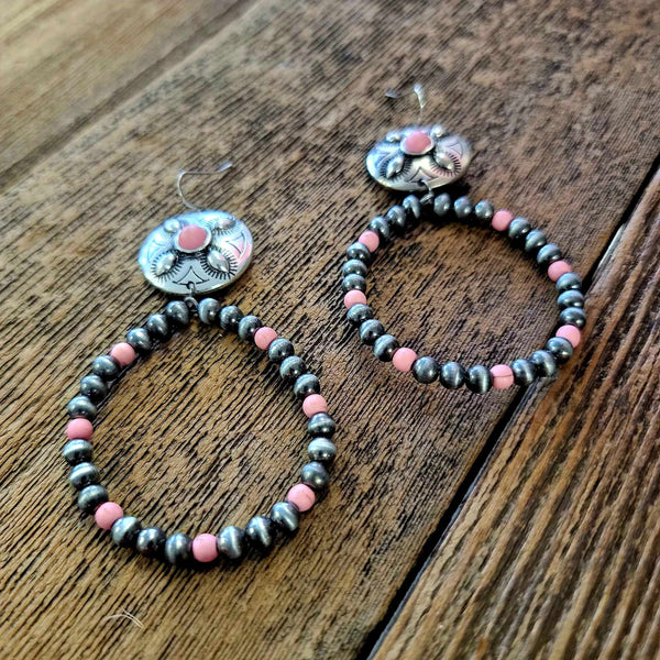 Silver Navajo Inspired Peal and Pink Bead Concho Hoop Earrings