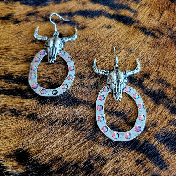 Cow Skull Hammered Pink Crystal Earrings