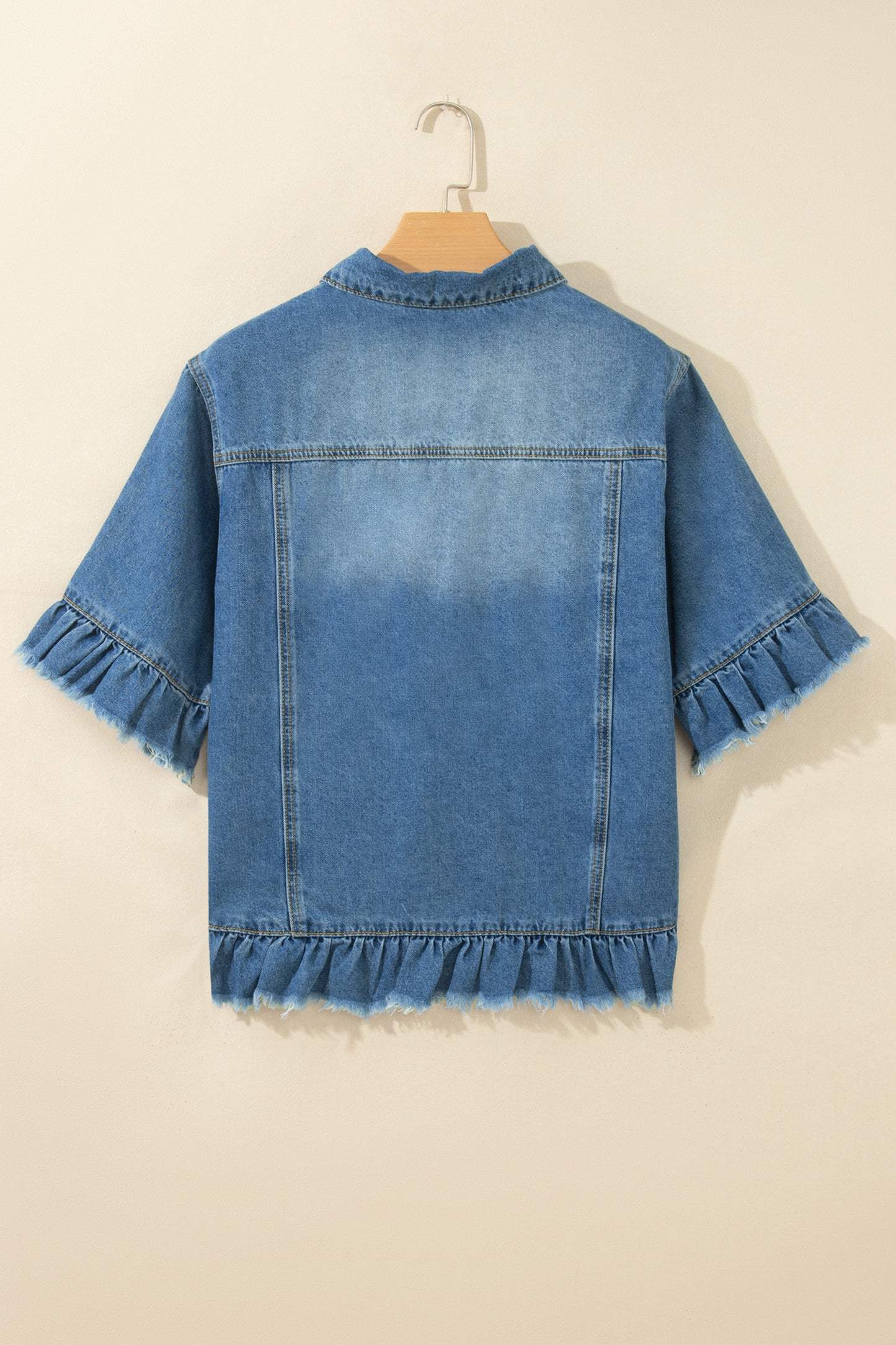 Blue Ruffle Sleeve Raw Edge Western Denim Jacket