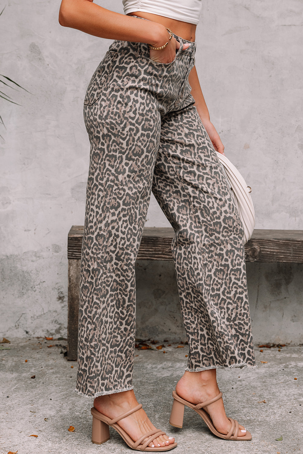 Leopard Frayed Wide Leg Jeans Multiple Colors