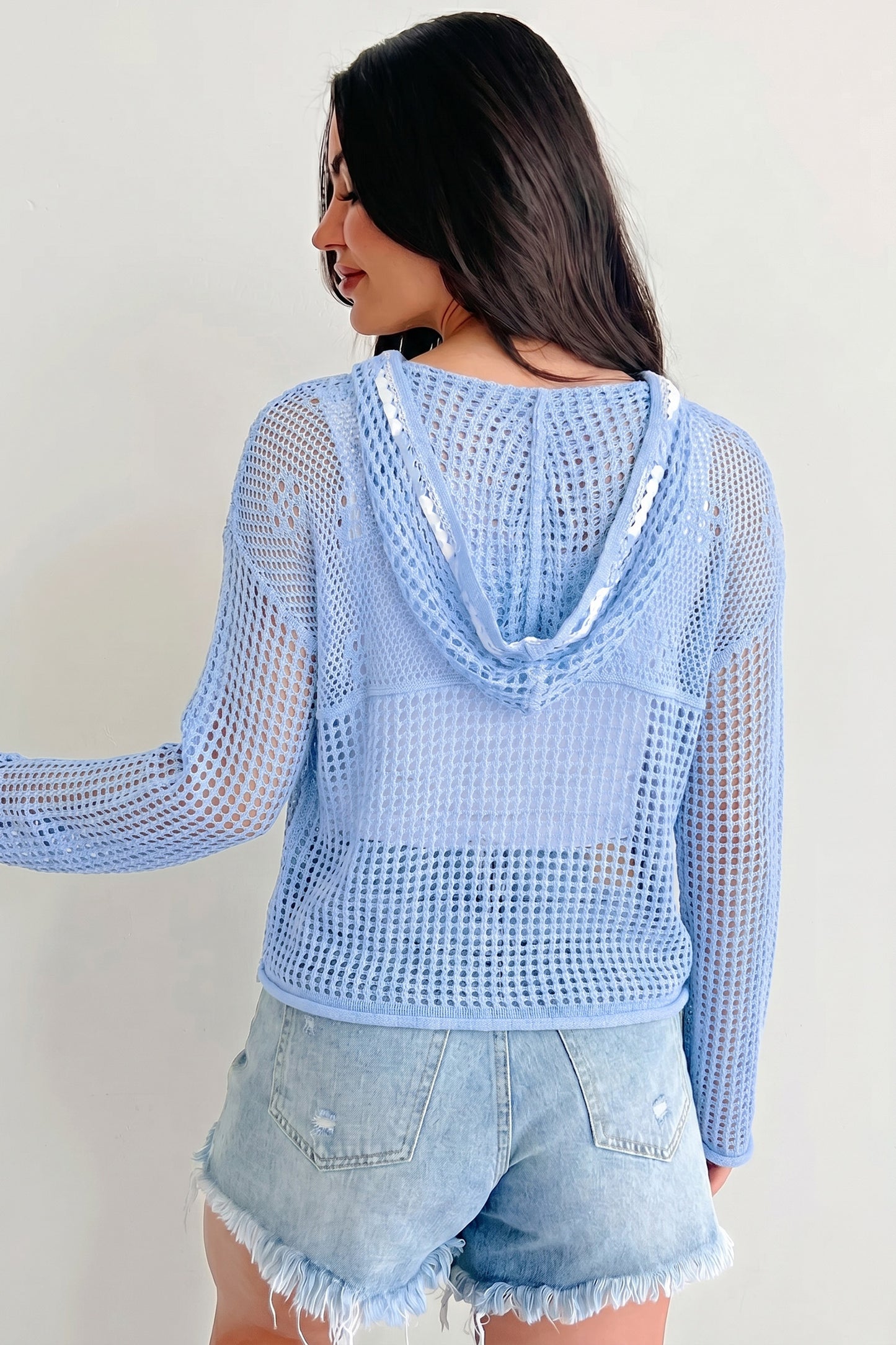 White Hollow Out Crochet Knit American Flag Patched Sweater Hoodie