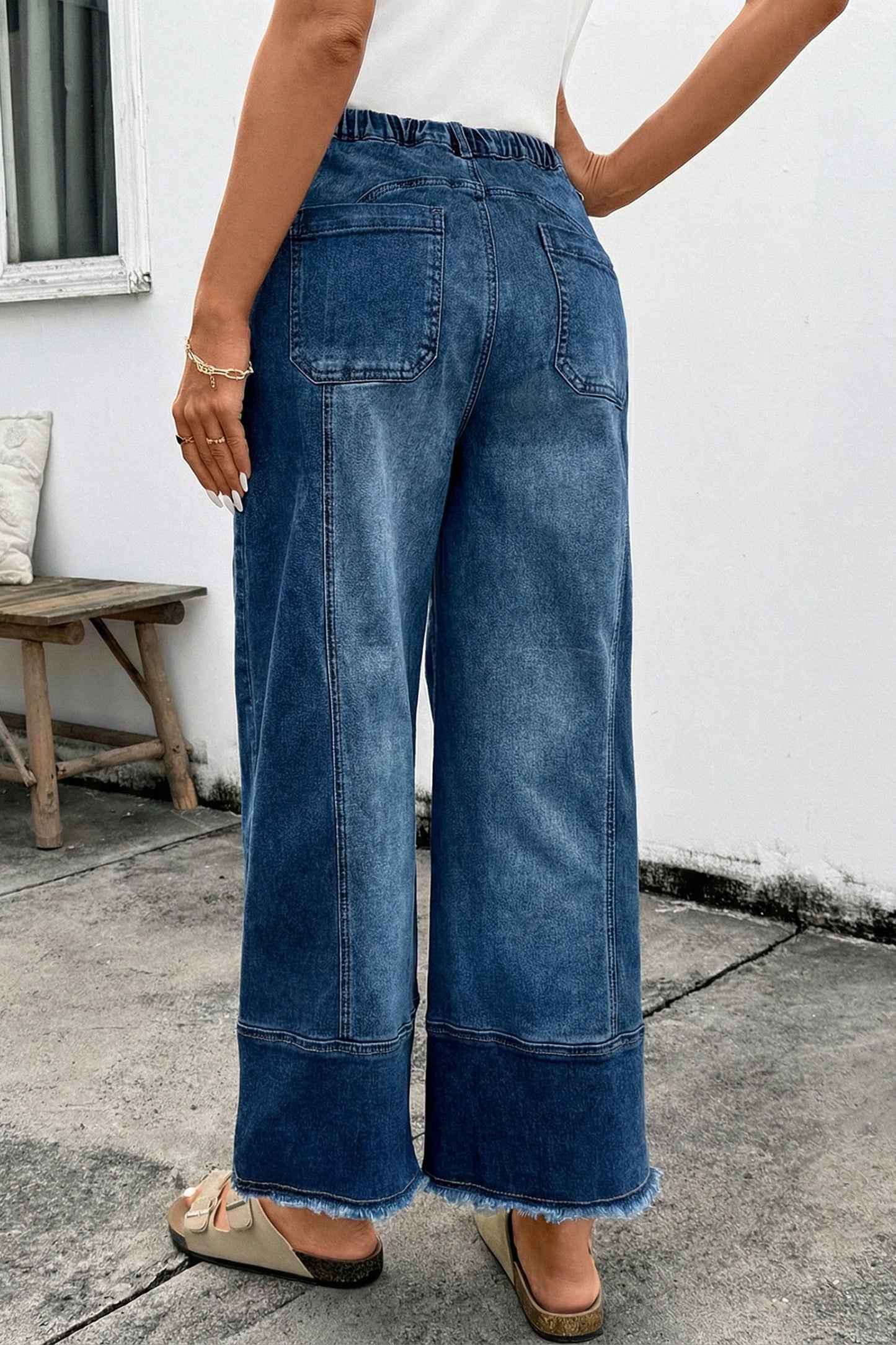 Drawstring Wide Leg Denim Pants in Blue and Gray