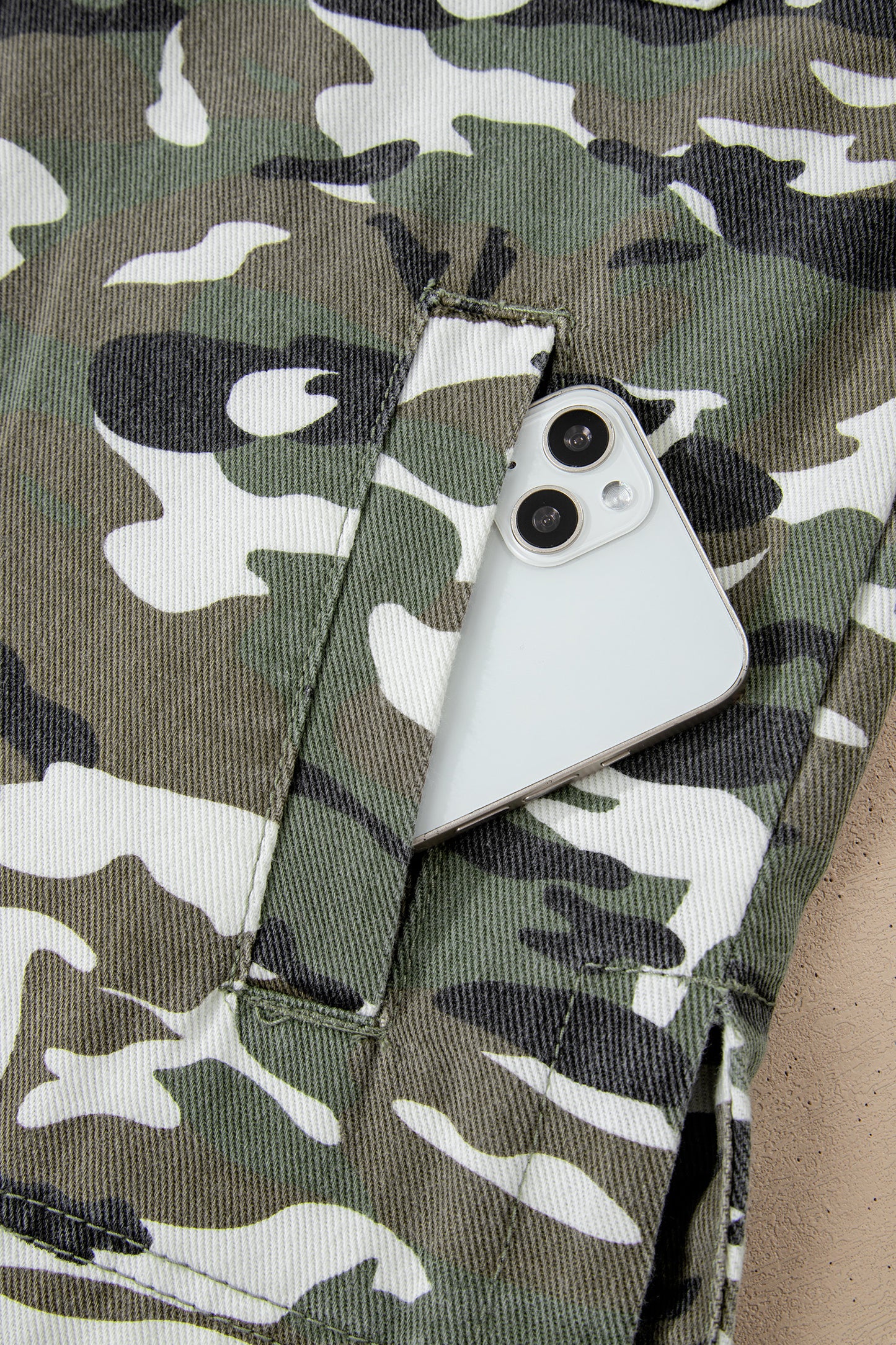 Women’s Green Camo Loose Fit Jean Jacket with Chest Pockets