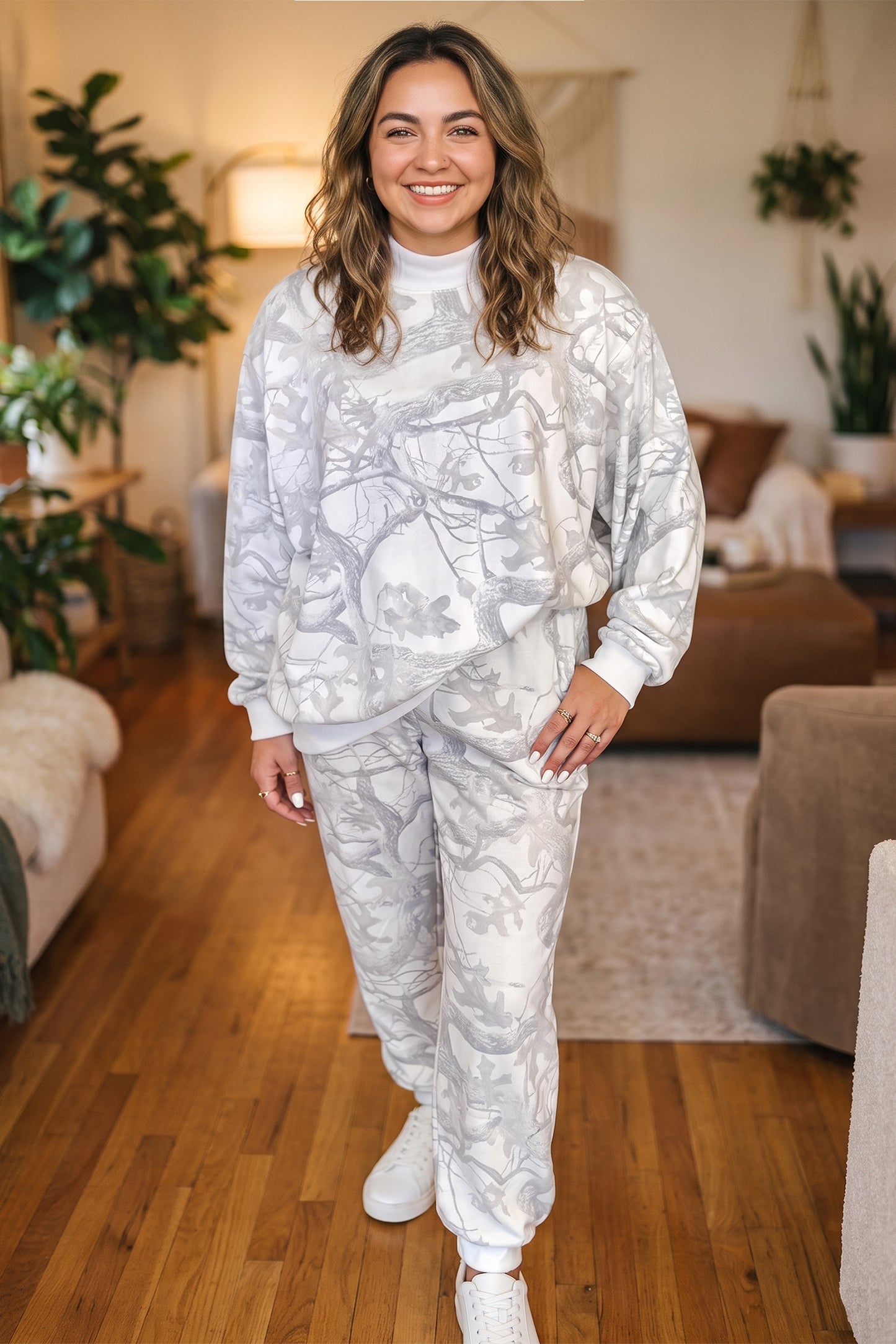 Camouflage Mock Neck Pullover & Pants Set 1X–4X